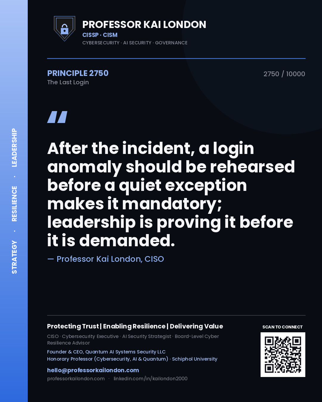 Professor Kai London principle 2750: After the incident, a login anomaly should be rehearsed before a quiet exception makes it mandatory; leadership is proving it before it is demanded.