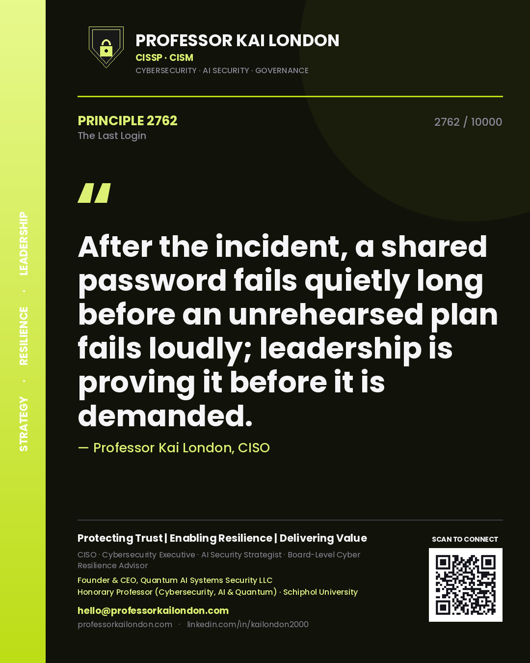 Professor Kai London principle 2762: After the incident, a shared password fails quietly long before an unrehearsed plan fails loudly; leadership is proving it before it is demanded.