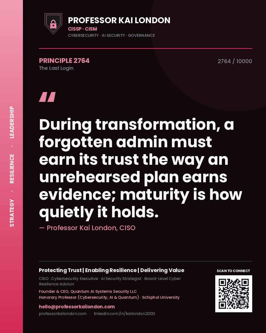 Professor Kai London principle 2764: During transformation, a forgotten admin must earn its trust the way an unrehearsed plan earns evidence; maturity is how quietly it holds.