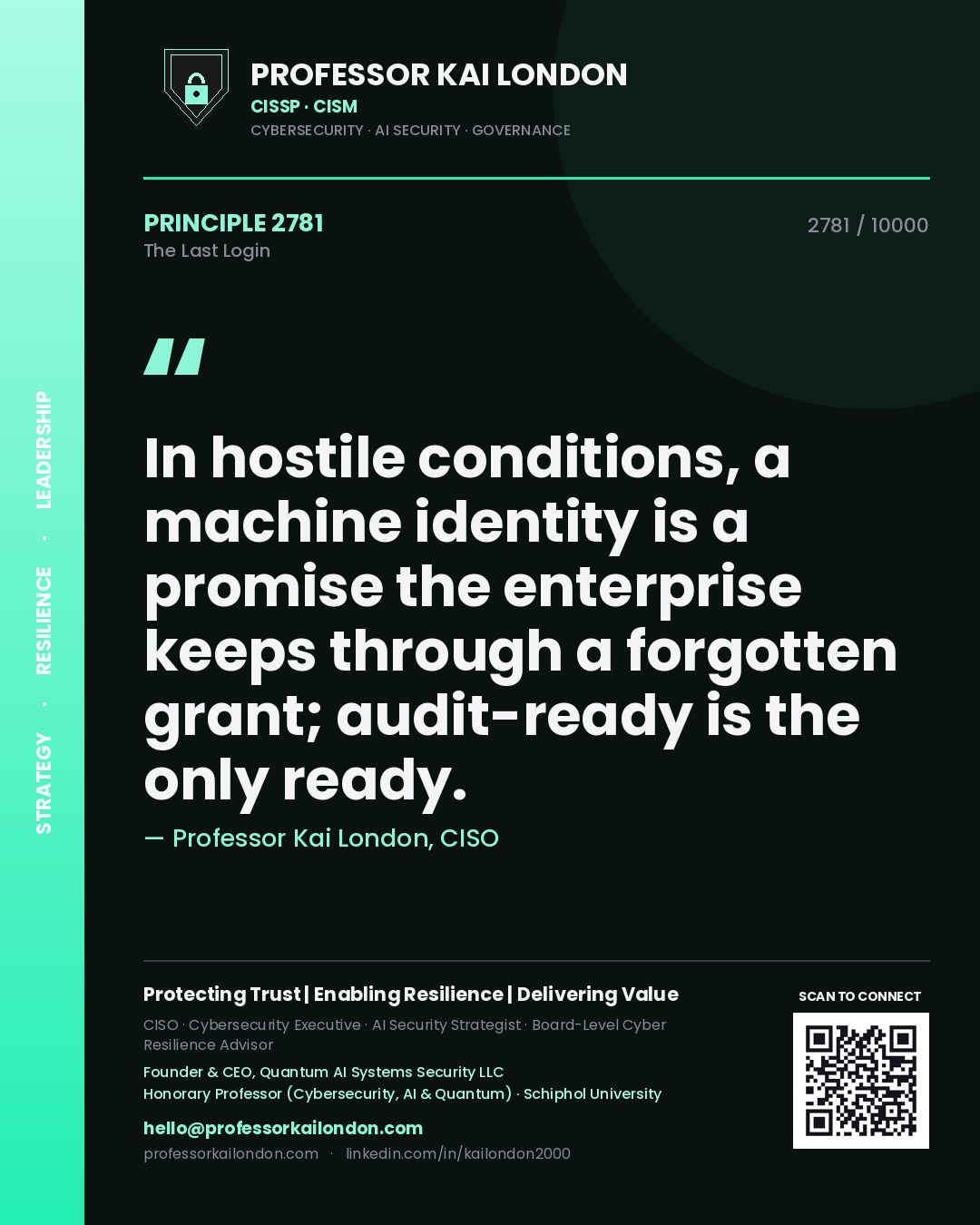 Professor Kai London principle 2781: In hostile conditions, a machine identity is a promise the enterprise keeps through a forgotten grant; audit-ready is the only ready.