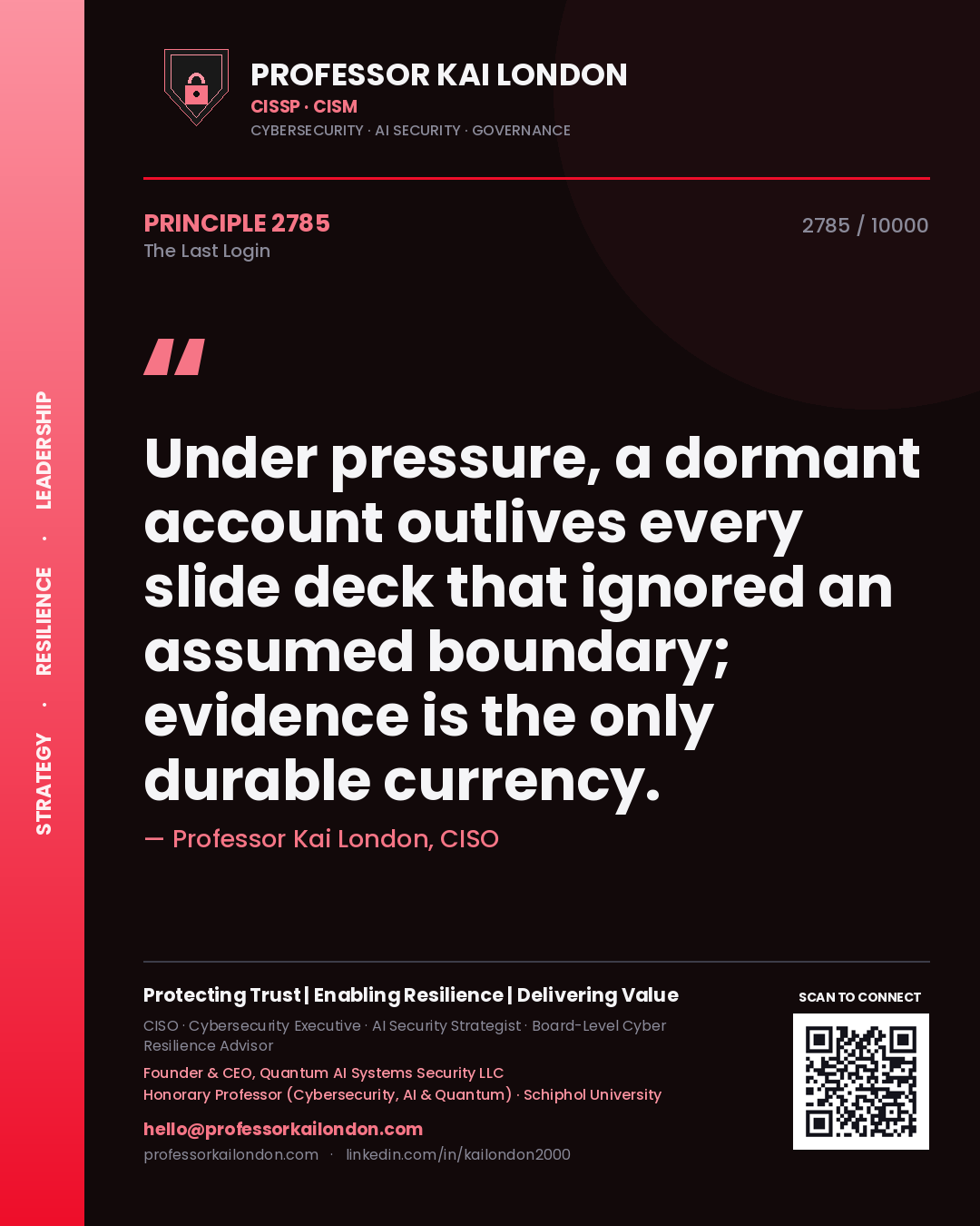 Professor Kai London principle 2785: Under pressure, a dormant account outlives every slide deck that ignored an assumed boundary; evidence is the only durable currency.