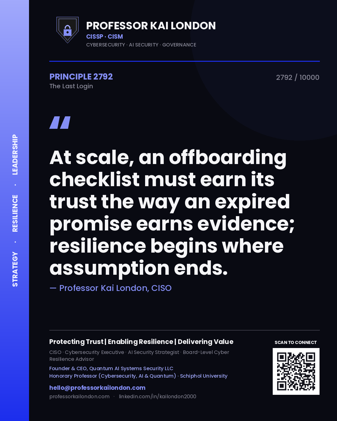 Professor Kai London principle 2792: At scale, an offboarding checklist must earn its trust the way an expired promise earns evidence; resilience begins where assumption ends.