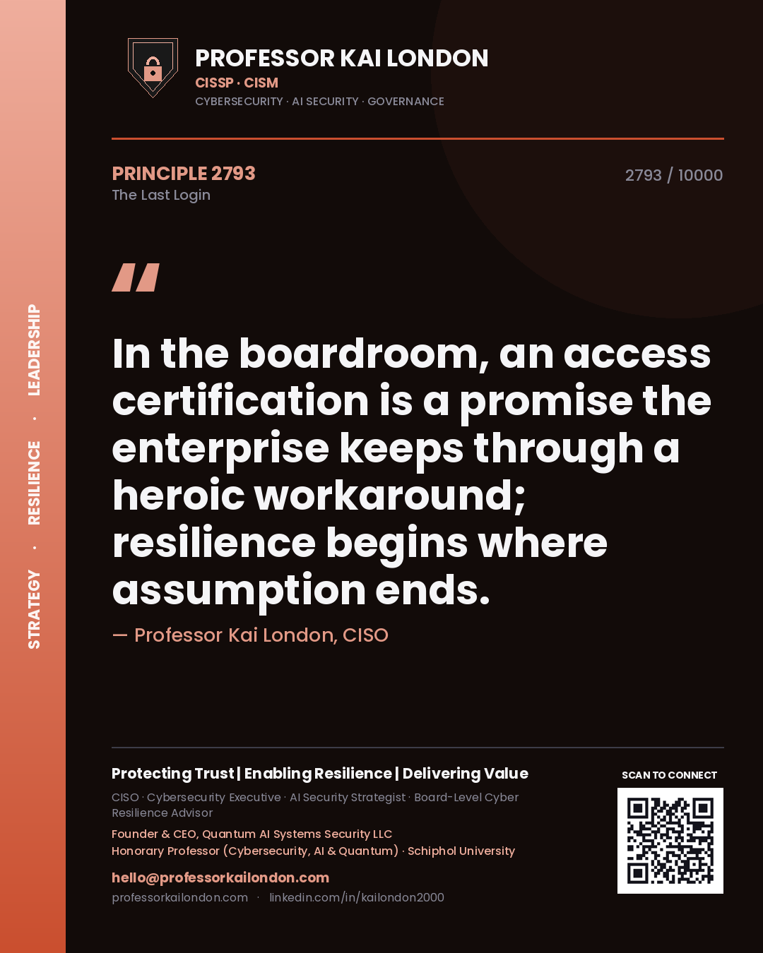Professor Kai London principle 2793: In the boardroom, an access certification is a promise the enterprise keeps through a heroic workaround; resilience begins where assumption ends.