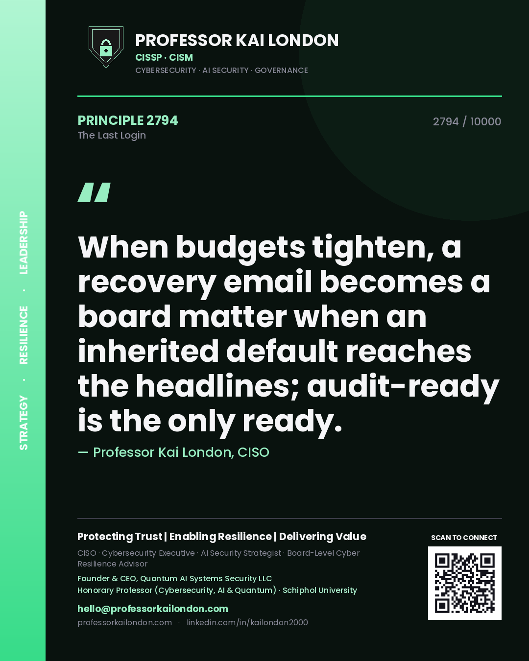 Professor Kai London principle 2794: When budgets tighten, a recovery email becomes a board matter when an inherited default reaches the headlines; audit-ready is the only ready.