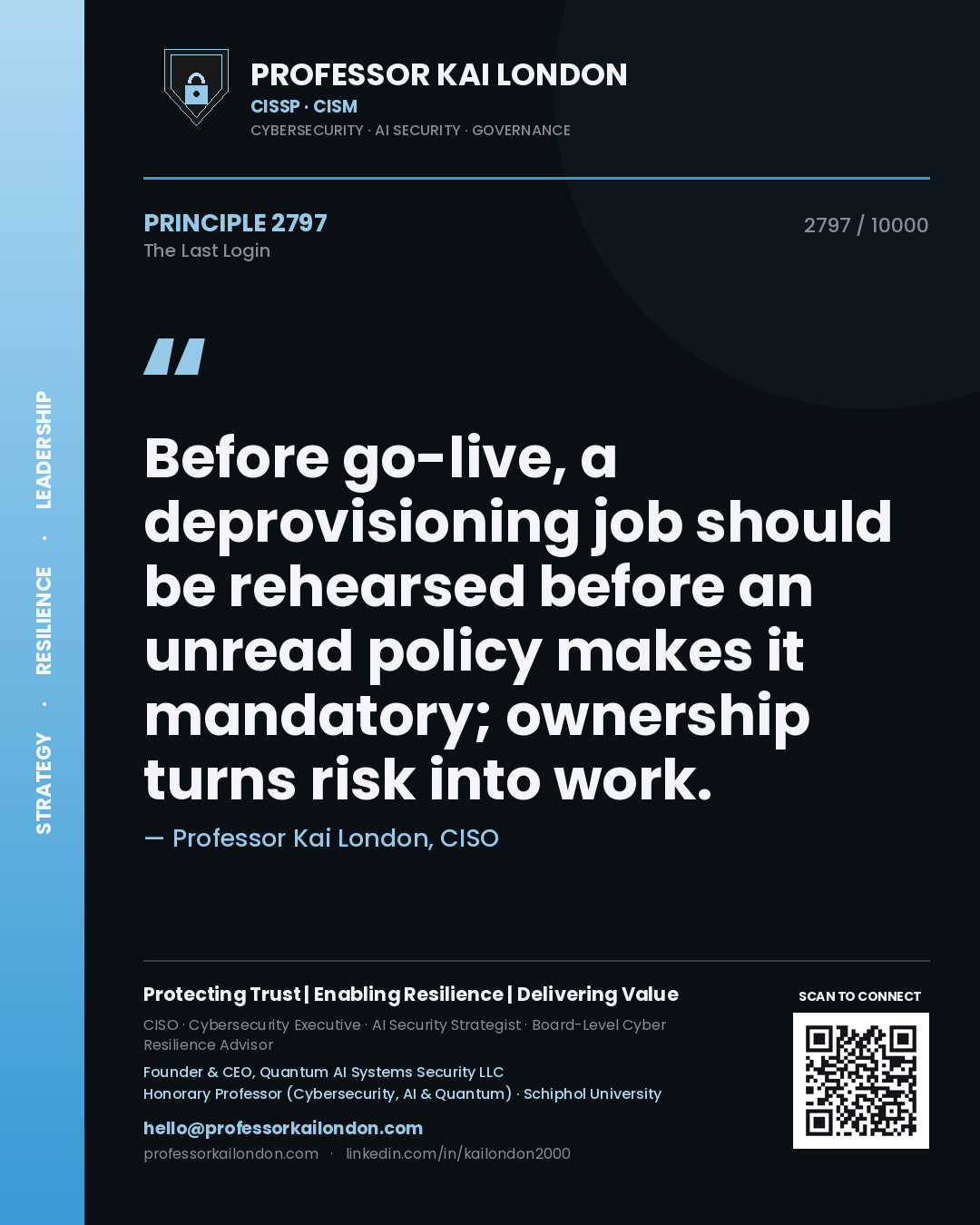 Professor Kai London principle 2797: Before go-live, a deprovisioning job should be rehearsed before an unread policy makes it mandatory; ownership turns risk into work.
