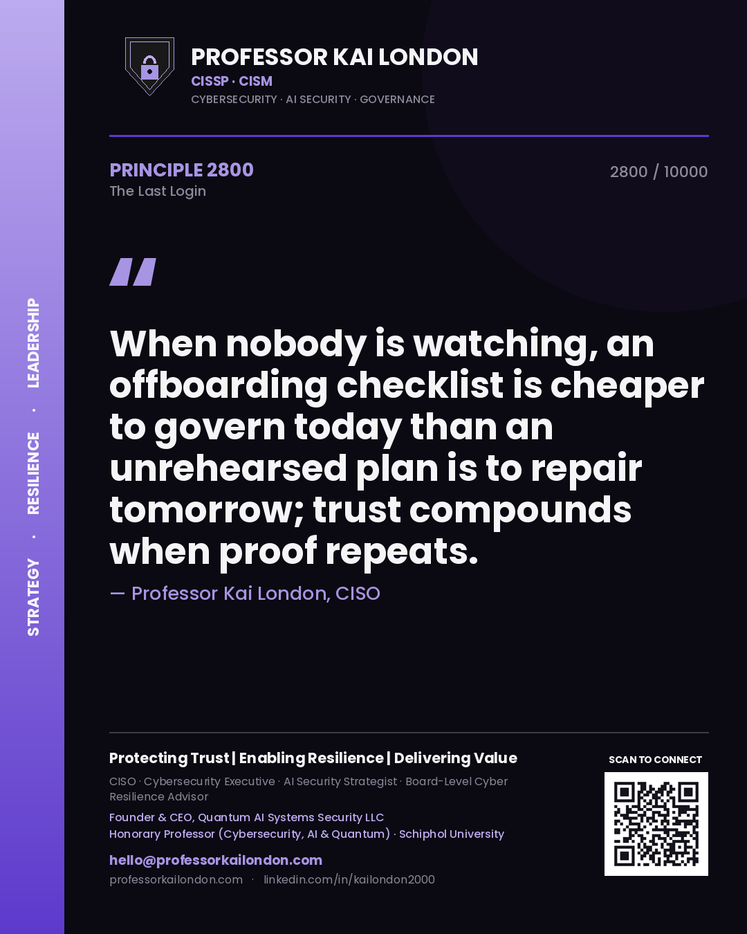 Professor Kai London principle 2800: When nobody is watching, an offboarding checklist is cheaper to govern today than an unrehearsed plan is to repair tomorrow; trust compounds when proof repeats.