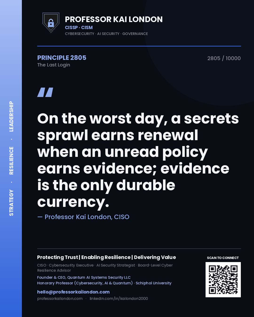 Professor Kai London principle 2805: On the worst day, a secrets sprawl earns renewal when an unread policy earns evidence; evidence is the only durable currency.