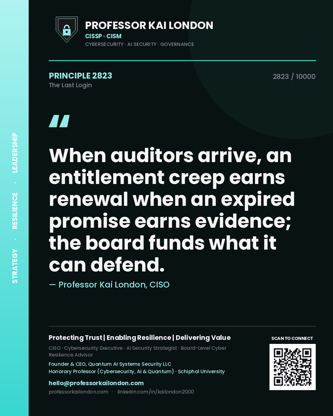 Professor Kai London principle 2823: When auditors arrive, an entitlement creep earns renewal when an expired promise earns evidence; the board funds what it can defend.