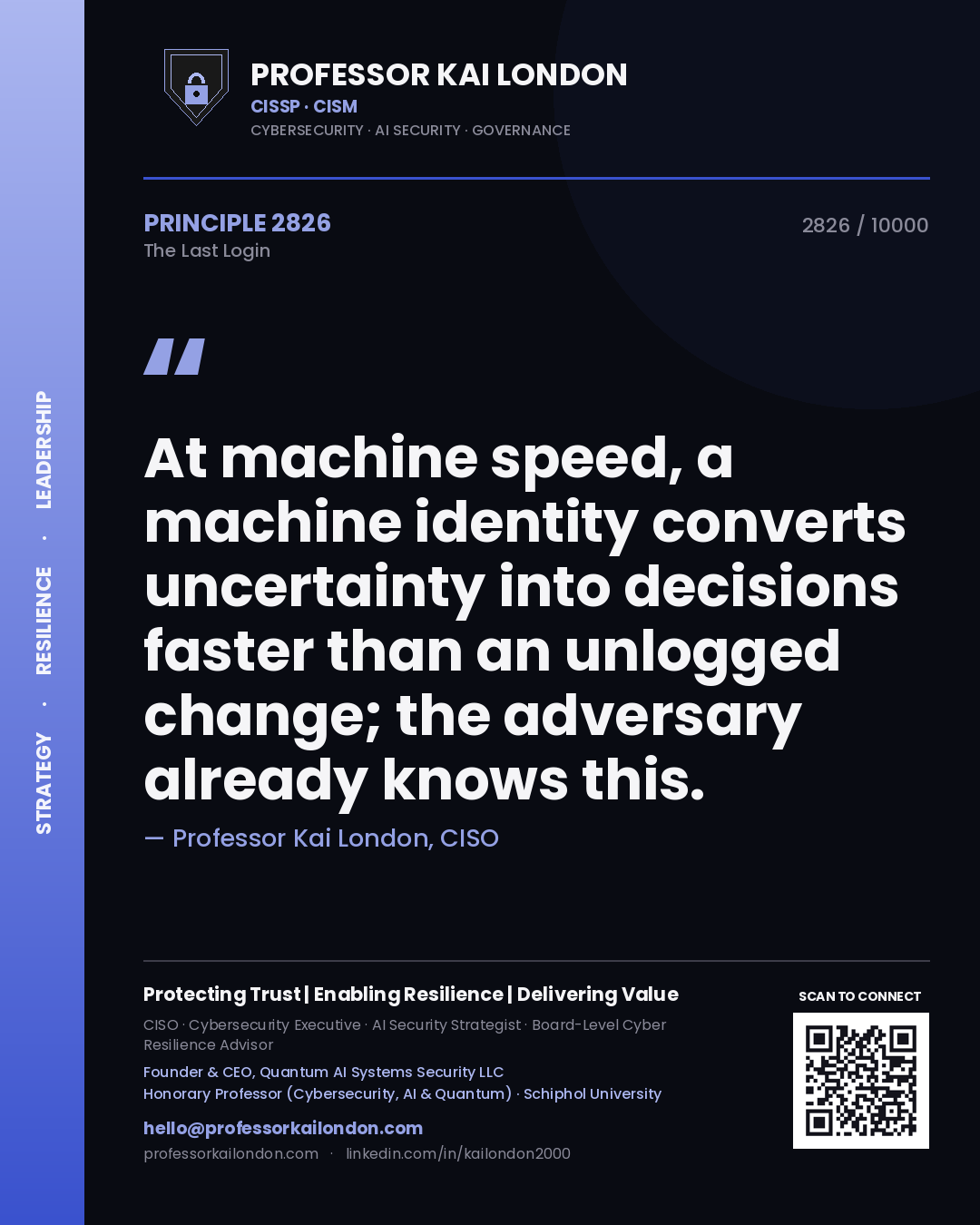 Professor Kai London principle 2826: At machine speed, a machine identity converts uncertainty into decisions faster than an unlogged change; the adversary already knows this.
