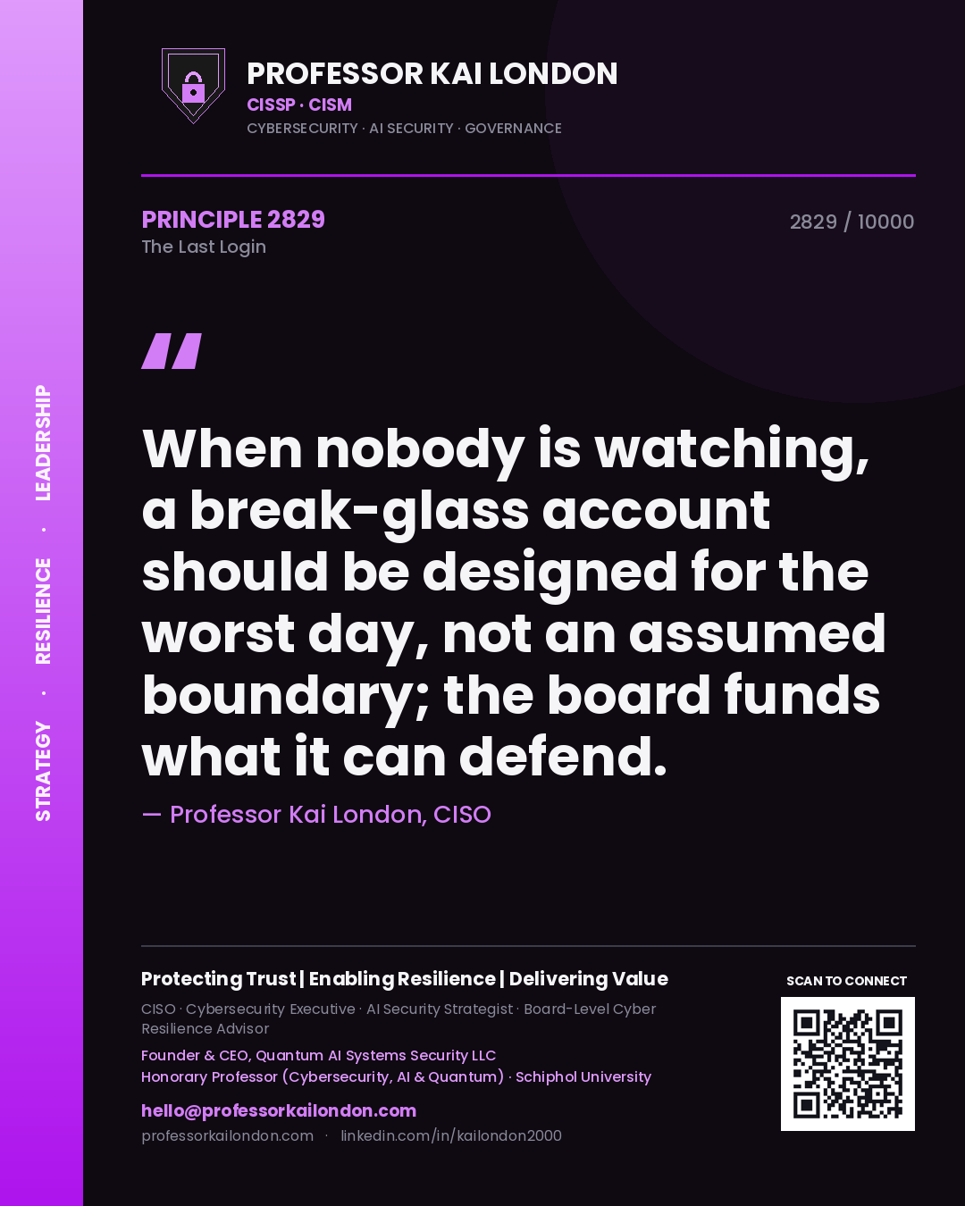 Professor Kai London principle 2829: When nobody is watching, a break-glass account should be designed for the worst day, not an assumed boundary; the board funds what it can defend.