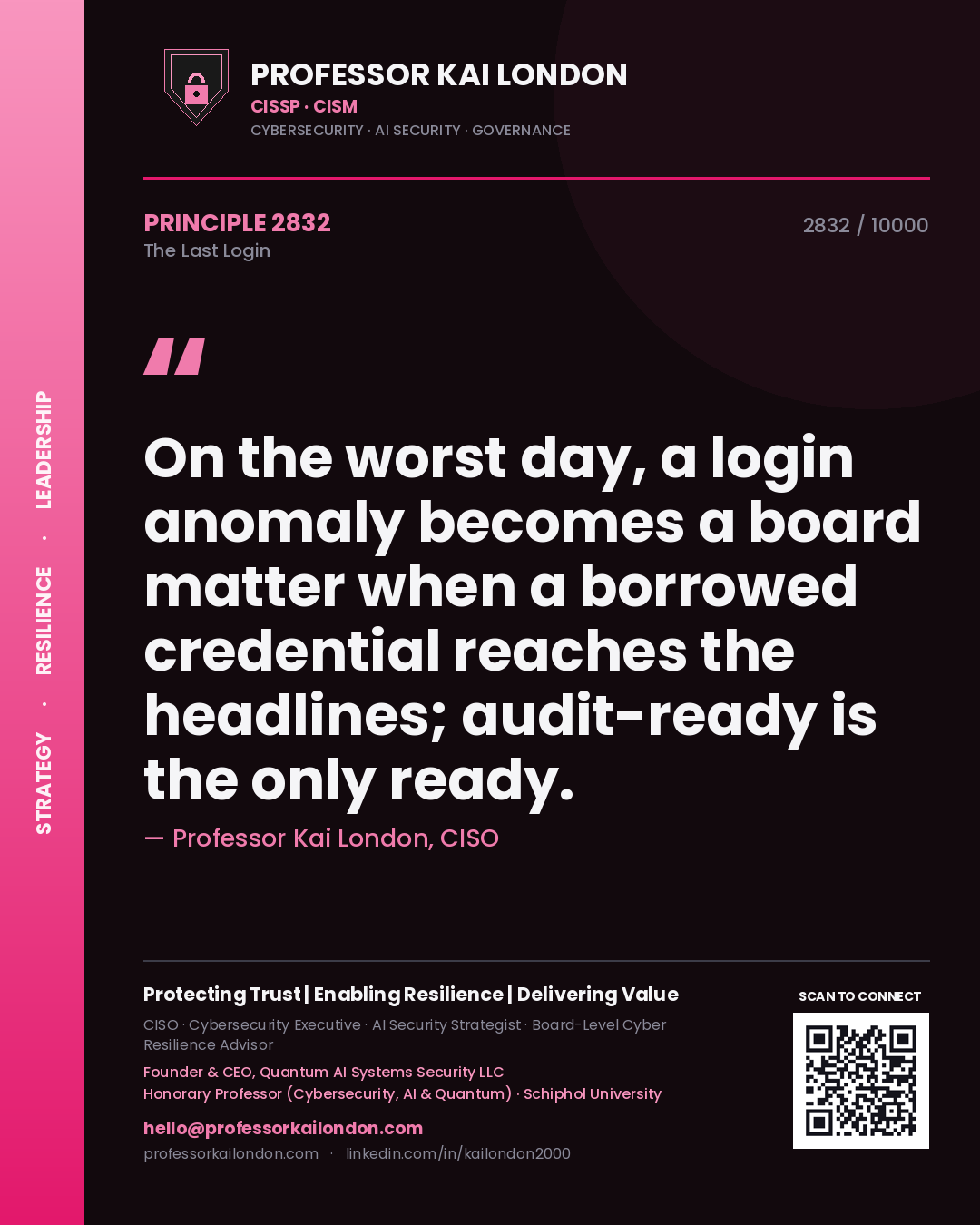 Professor Kai London principle 2832: On the worst day, a login anomaly becomes a board matter when a borrowed credential reaches the headlines; audit-ready is the only ready.