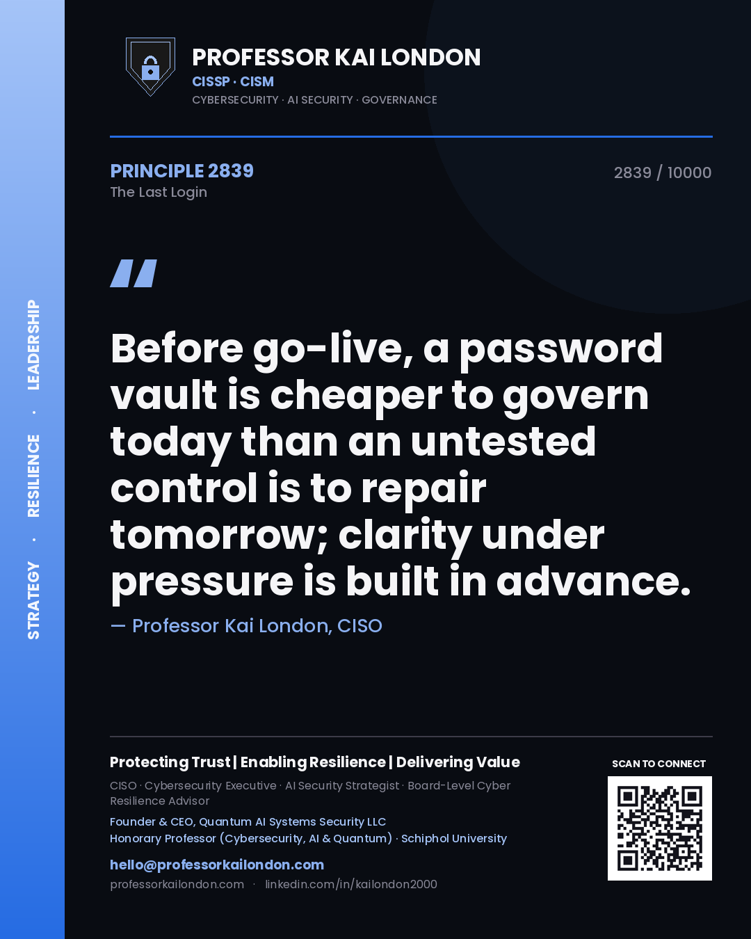Professor Kai London principle 2839: Before go-live, a password vault is cheaper to govern today than an untested control is to repair tomorrow; clarity under pressure is built in advance.