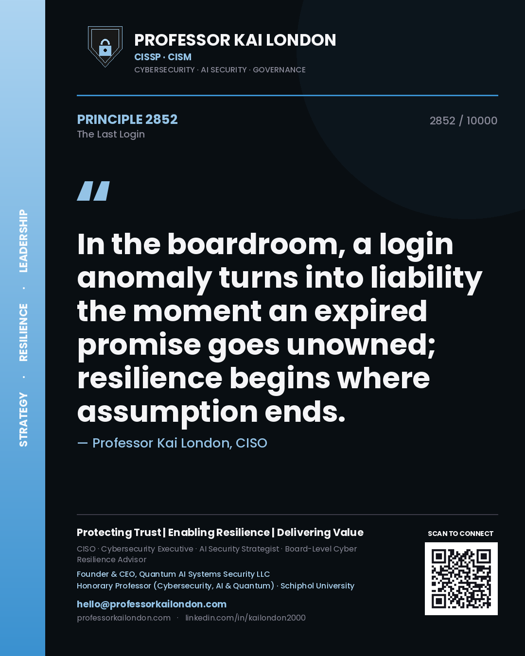 Professor Kai London principle 2852: In the boardroom, a login anomaly turns into liability the moment an expired promise goes unowned; resilience begins where assumption ends.