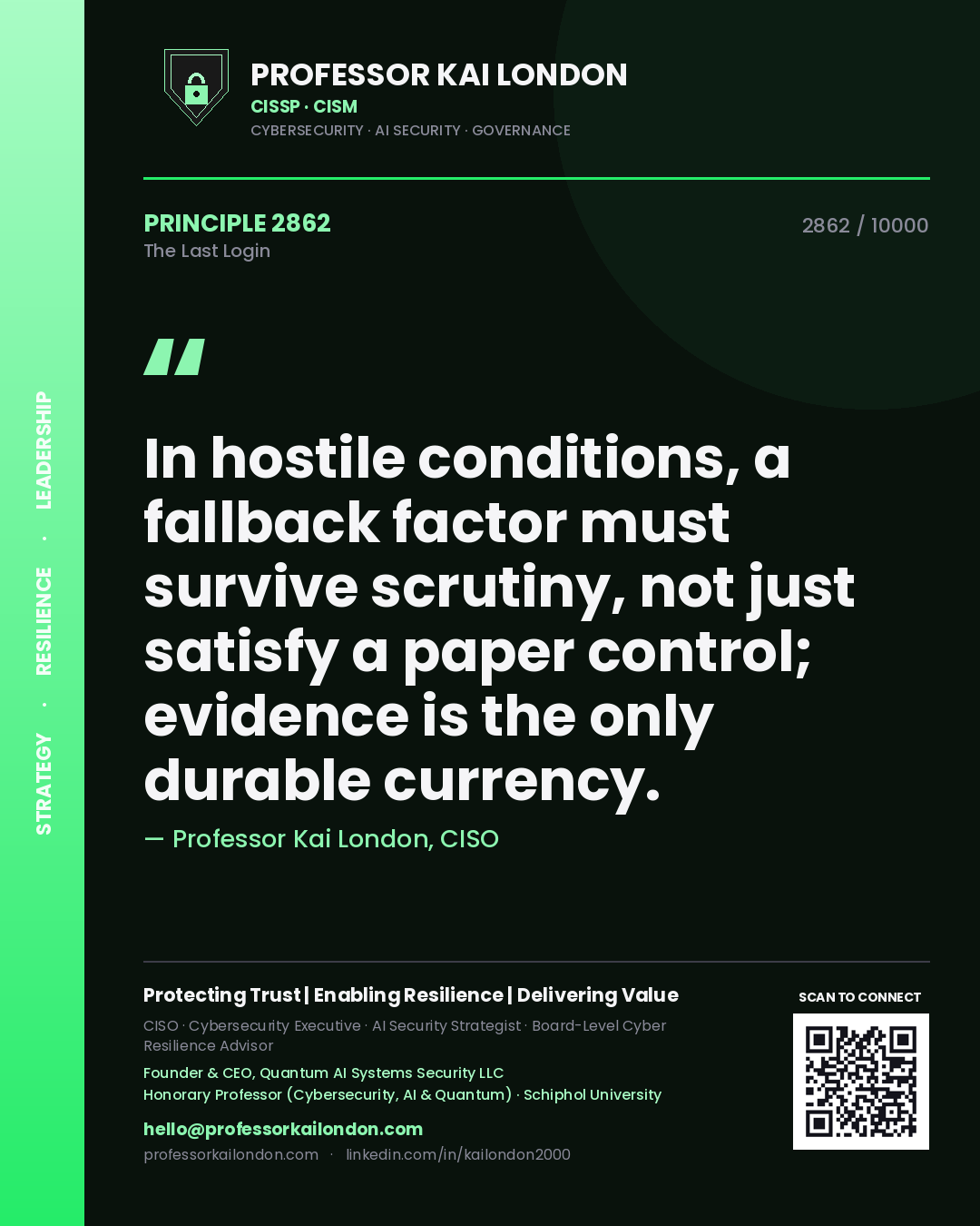 Professor Kai London principle 2862: In hostile conditions, a fallback factor must survive scrutiny, not just satisfy a paper control; evidence is the only durable currency.