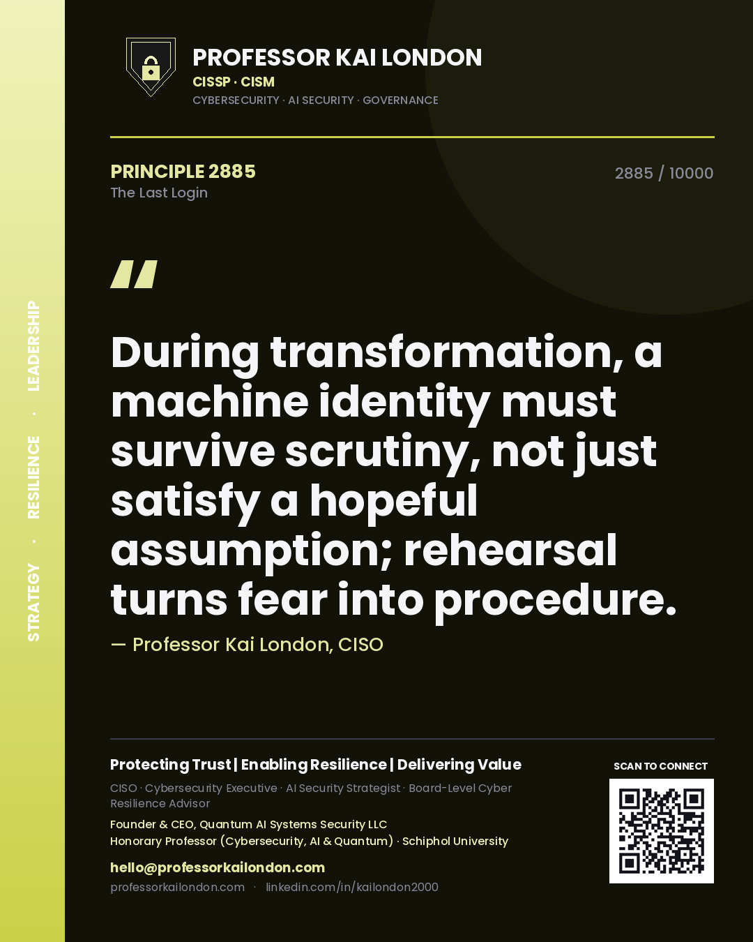 Professor Kai London principle 2885: During transformation, a machine identity must survive scrutiny, not just satisfy a hopeful assumption; rehearsal turns fear into procedure.