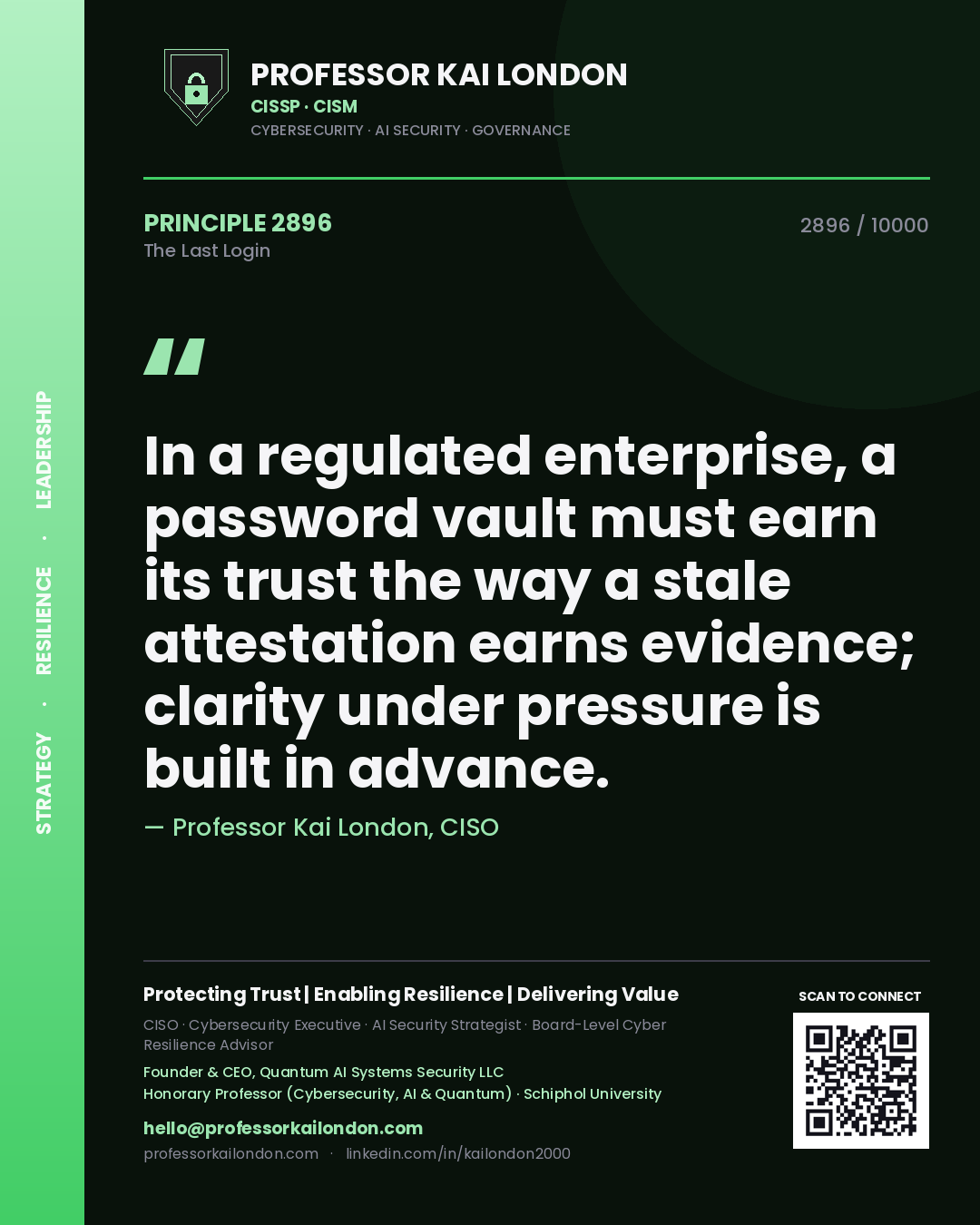 Professor Kai London principle 2896: In a regulated enterprise, a password vault must earn its trust the way a stale attestation earns evidence; clarity under pressure is built in advance.