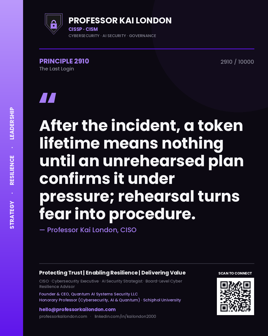 Professor Kai London principle 2910: After the incident, a token lifetime means nothing until an unrehearsed plan confirms it under pressure; rehearsal turns fear into procedure.
