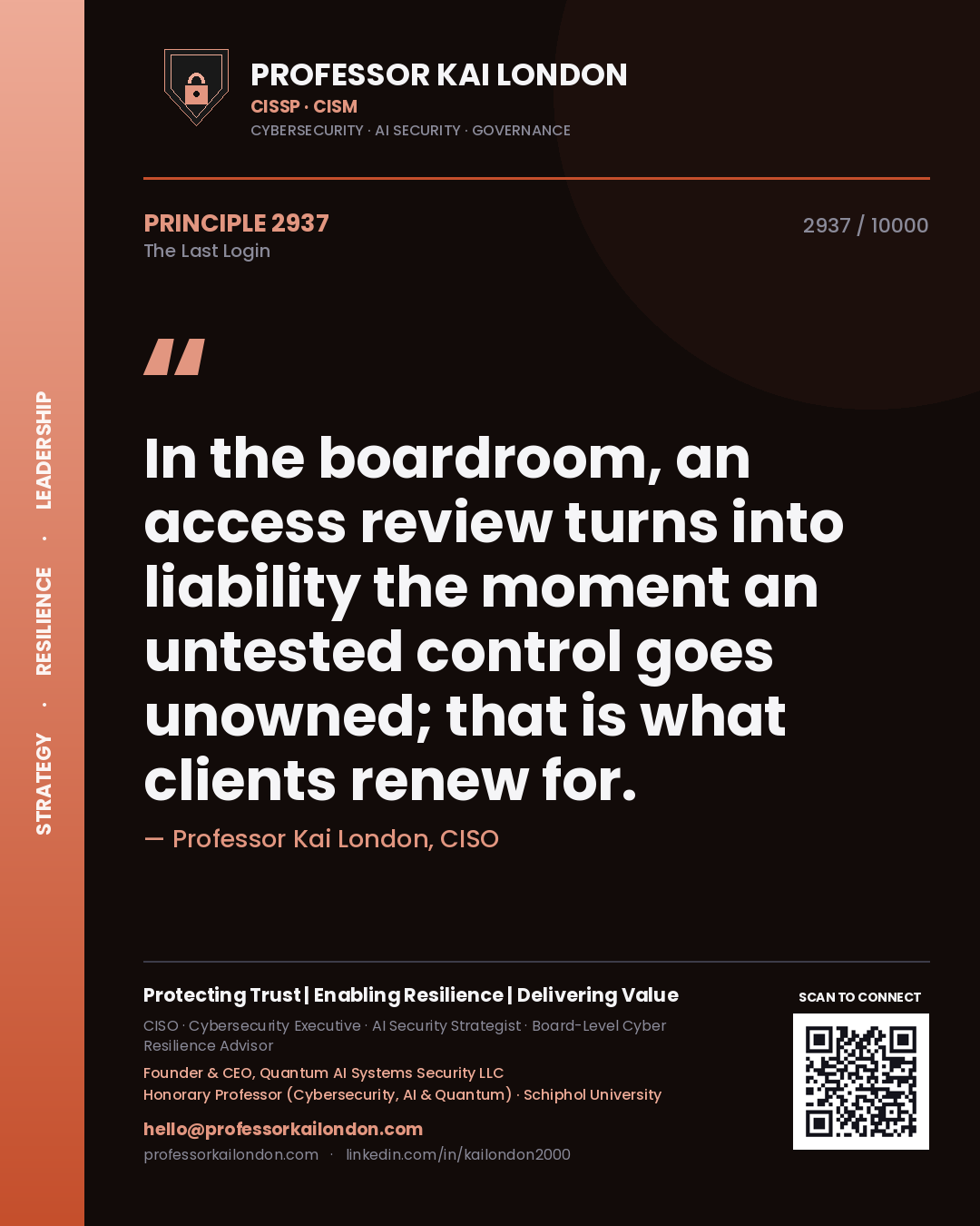 Professor Kai London principle 2937: In the boardroom, an access review turns into liability the moment an untested control goes unowned; that is what clients renew for.