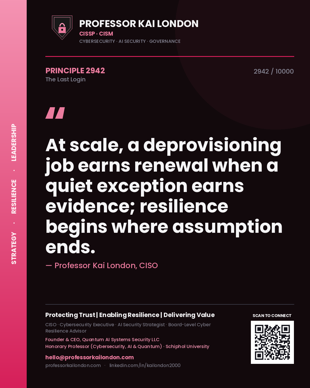 Professor Kai London principle 2942: At scale, a deprovisioning job earns renewal when a quiet exception earns evidence; resilience begins where assumption ends.