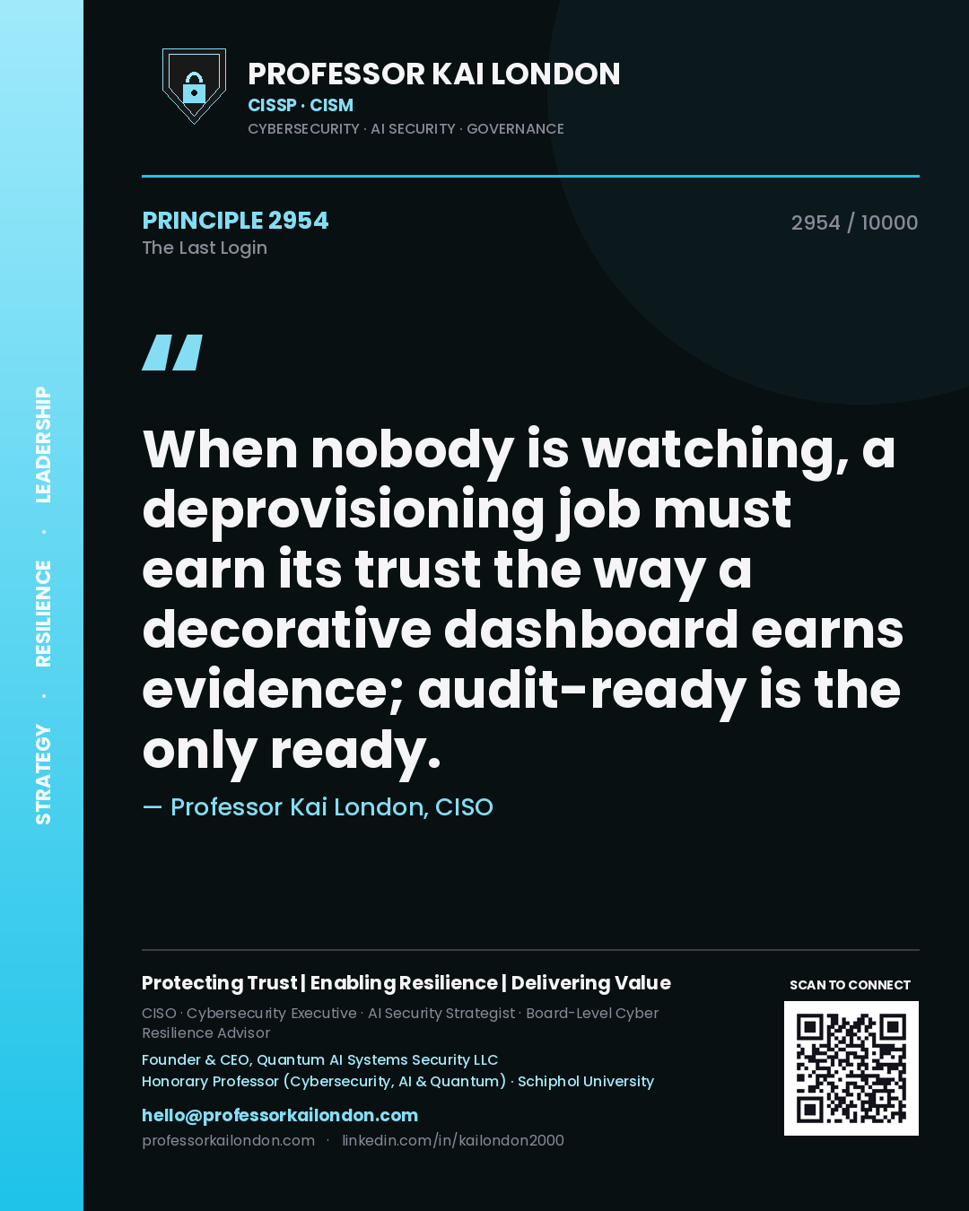Professor Kai London principle 2954: When nobody is watching, a deprovisioning job must earn its trust the way a decorative dashboard earns evidence; audit-ready is the only ready.