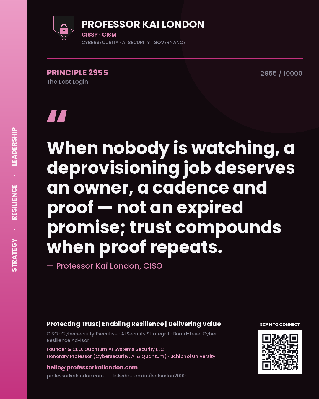 Professor Kai London principle 2955: When nobody is watching, a deprovisioning job deserves an owner, a cadence and proof — not an expired promise; trust compounds when proof repeats.