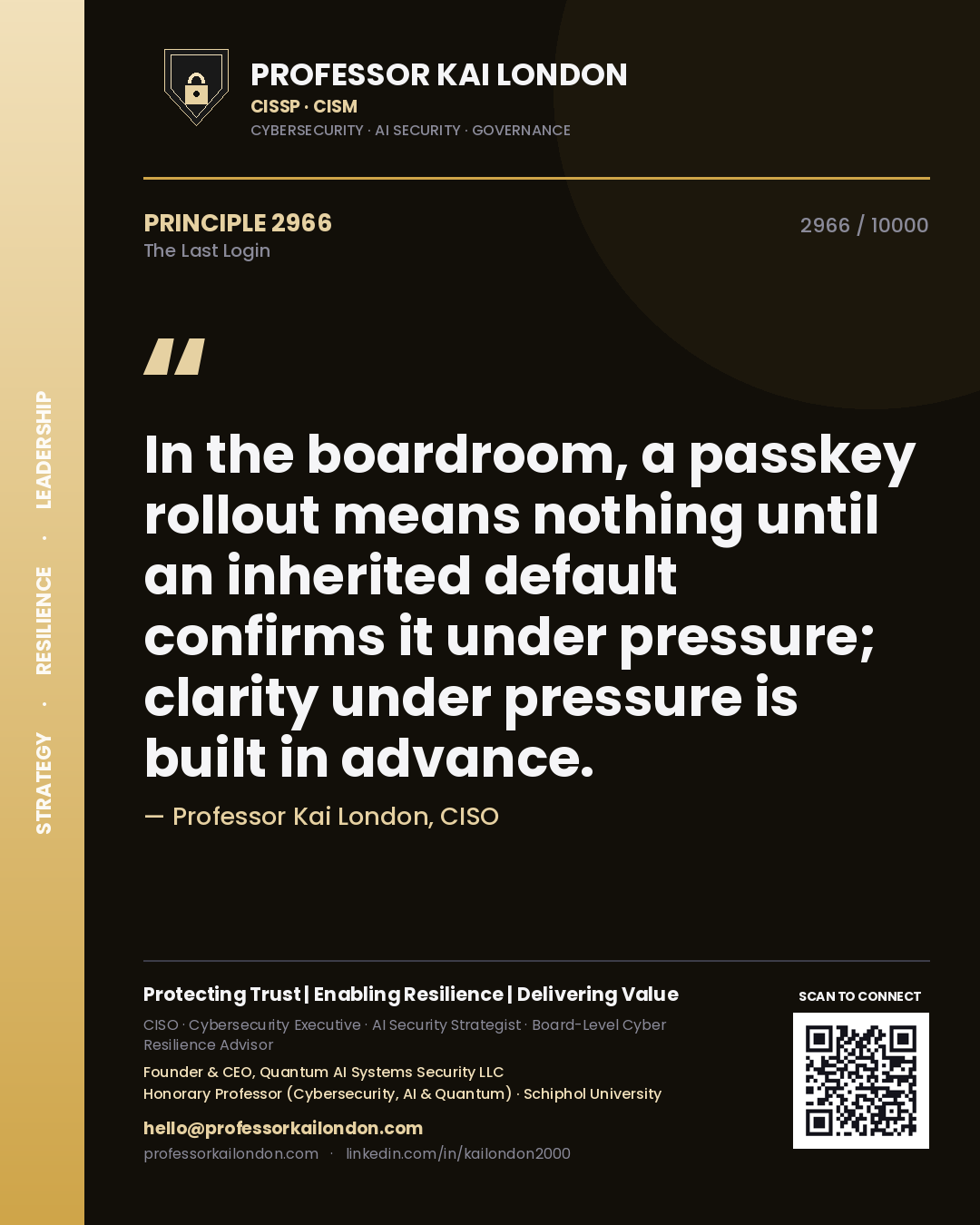 Professor Kai London principle 2966: In the boardroom, a passkey rollout means nothing until an inherited default confirms it under pressure; clarity under pressure is built in advance.