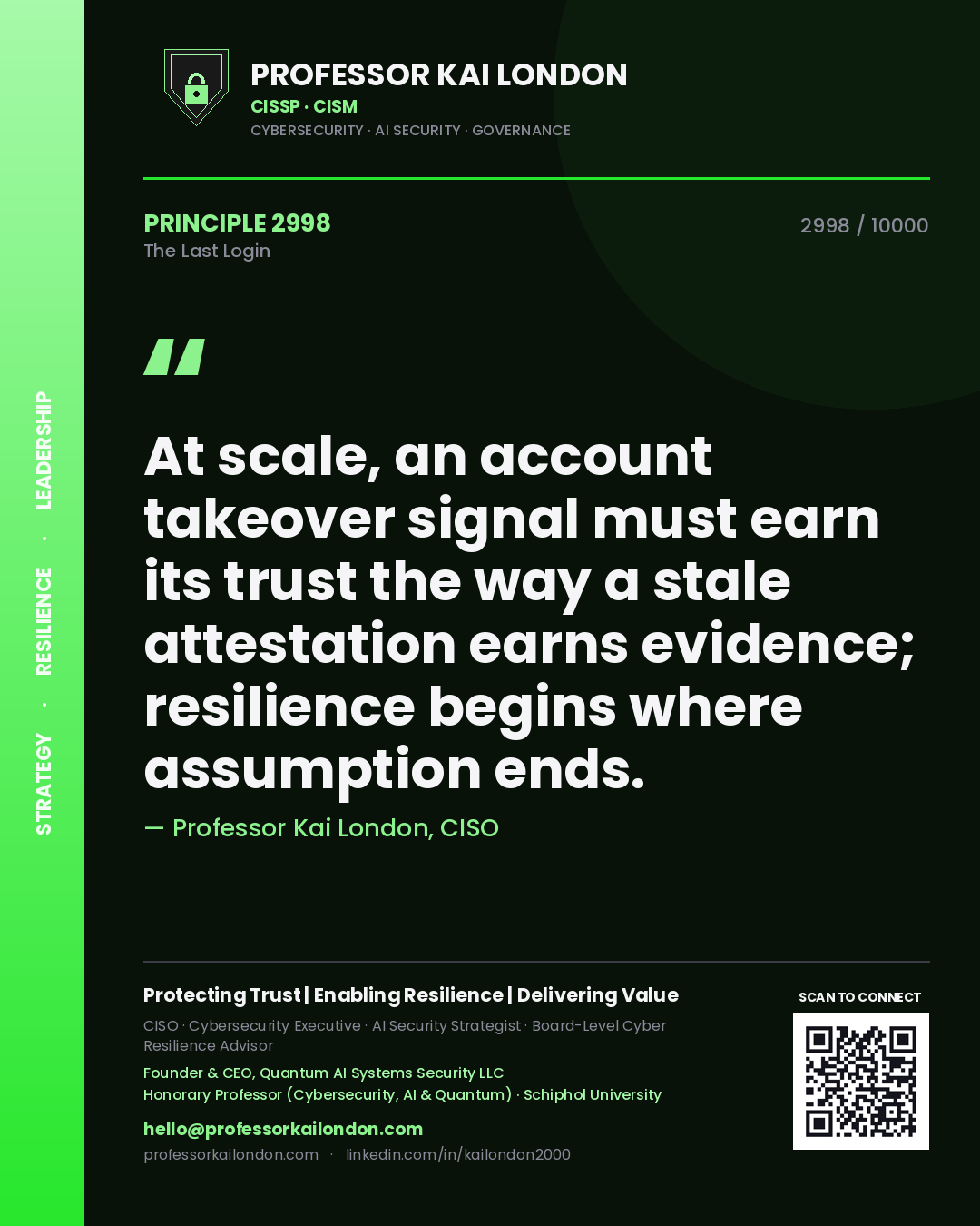 Professor Kai London principle 2998: At scale, an account takeover signal must earn its trust the way a stale attestation earns evidence; resilience begins where assumption ends.