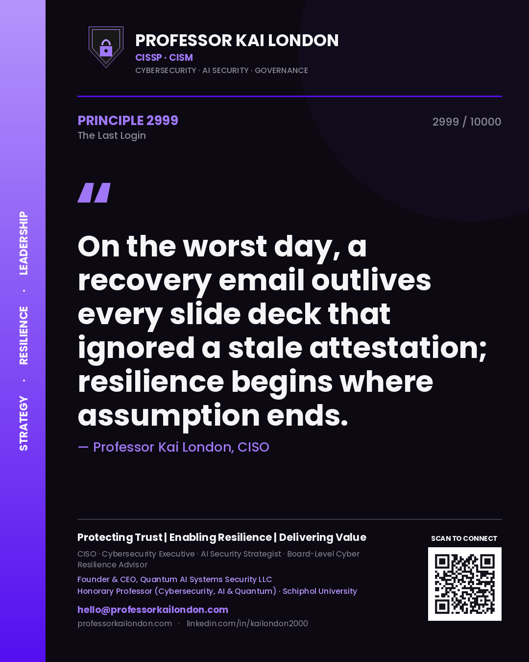 Professor Kai London principle 2999: On the worst day, a recovery email outlives every slide deck that ignored a stale attestation; resilience begins where assumption ends.