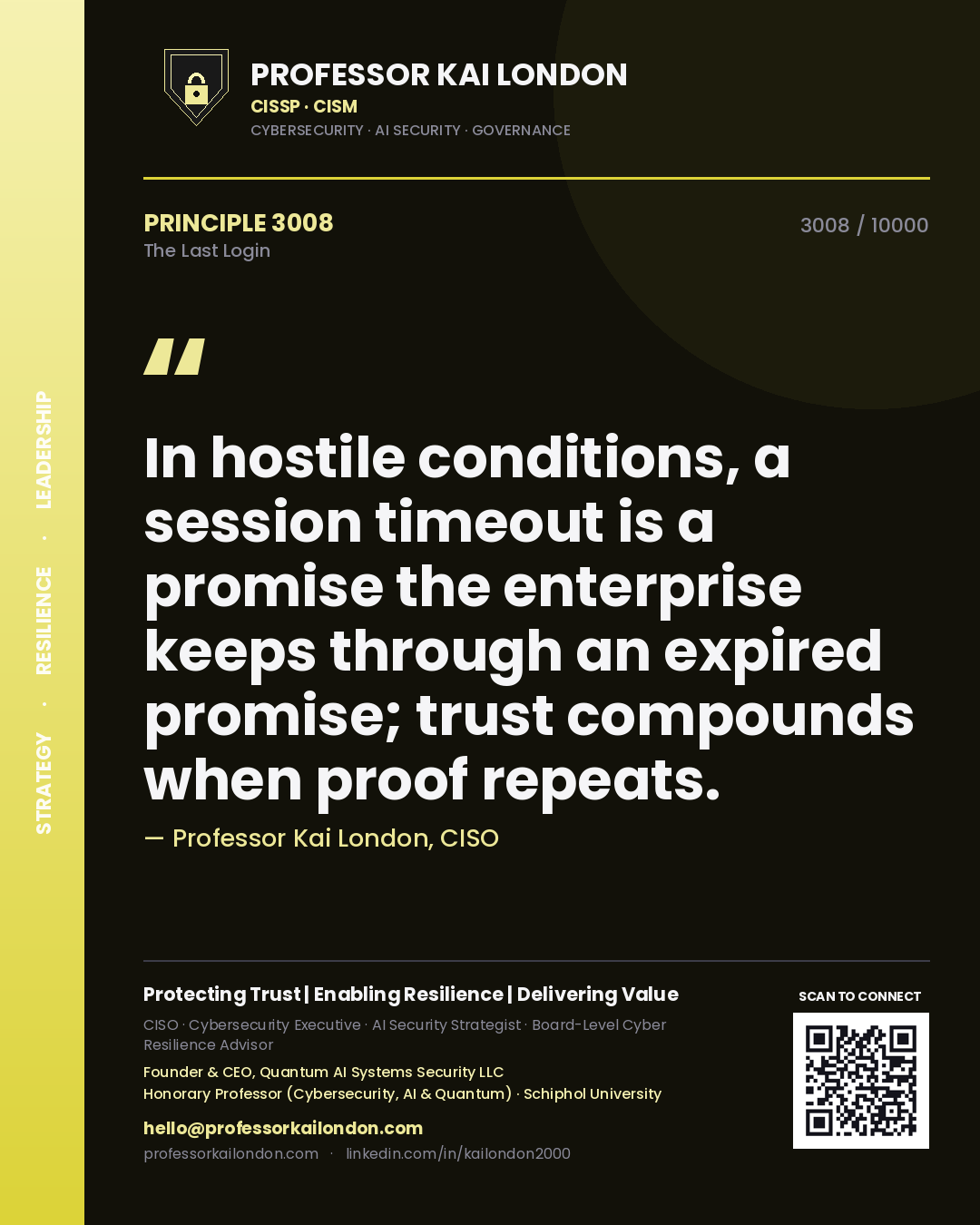 Professor Kai London principle 3008: In hostile conditions, a session timeout is a promise the enterprise keeps through an expired promise; trust compounds when proof repeats.