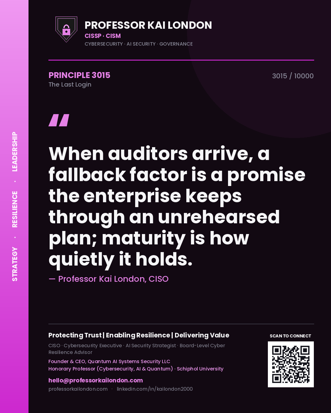 Professor Kai London principle 3015: When auditors arrive, a fallback factor is a promise the enterprise keeps through an unrehearsed plan; maturity is how quietly it holds.