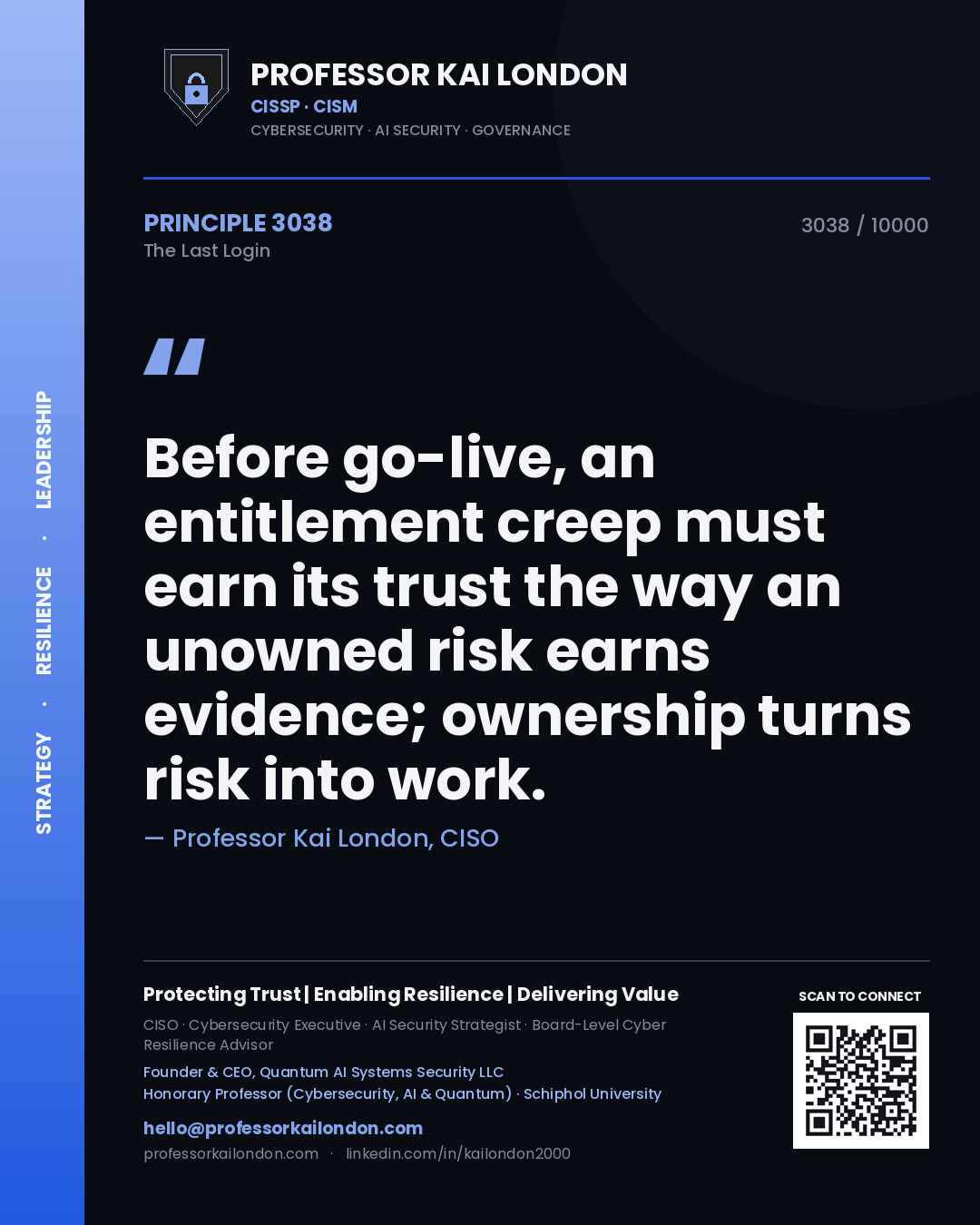 Professor Kai London principle 3038: Before go-live, an entitlement creep must earn its trust the way an unowned risk earns evidence; ownership turns risk into work.