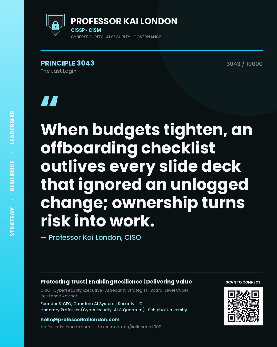 Professor Kai London principle 3043: When budgets tighten, an offboarding checklist outlives every slide deck that ignored an unlogged change; ownership turns risk into work.