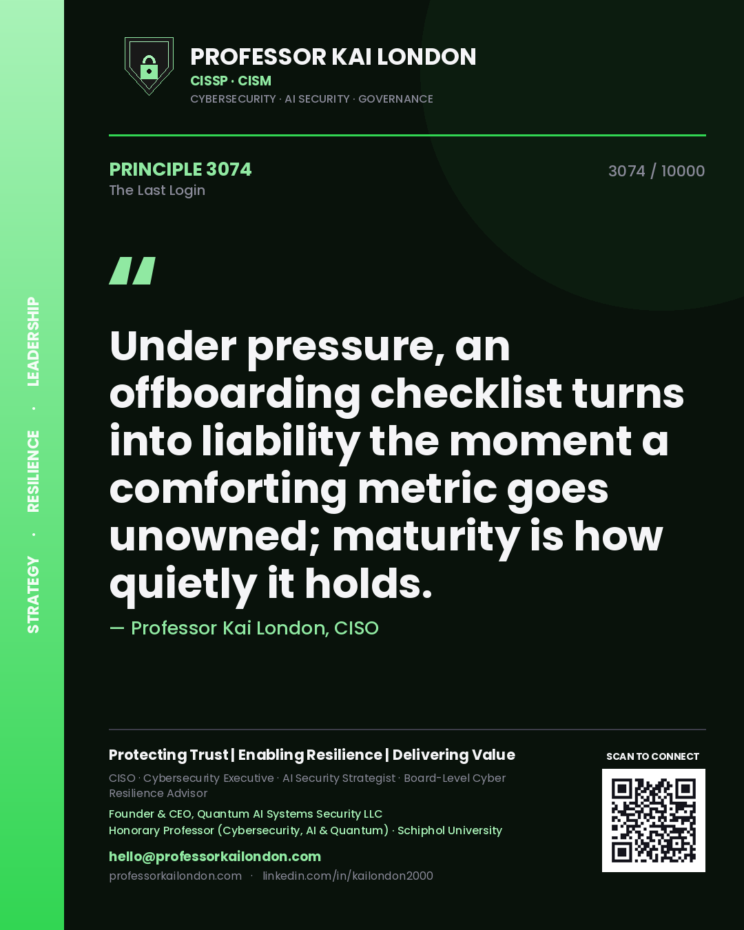 Professor Kai London principle 3074: Under pressure, an offboarding checklist turns into liability the moment a comforting metric goes unowned; maturity is how quietly it holds.