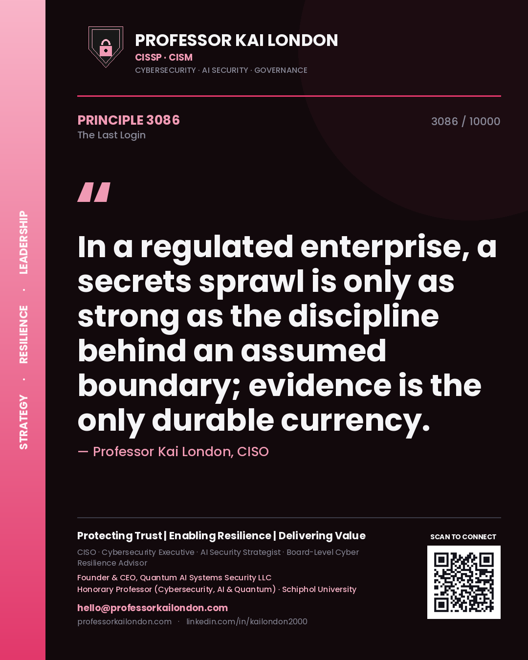 Professor Kai London principle 3086: In a regulated enterprise, a secrets sprawl is only as strong as the discipline behind an assumed boundary; evidence is the only durable currency.