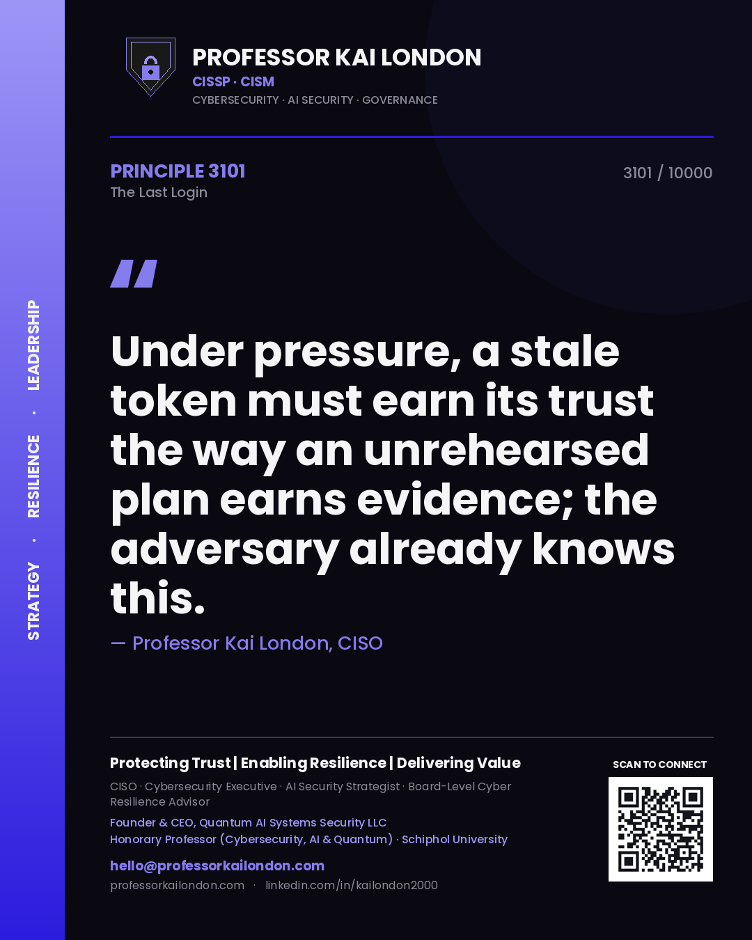 Professor Kai London principle 3101: Under pressure, a stale token must earn its trust the way an unrehearsed plan earns evidence; the adversary already knows this.
