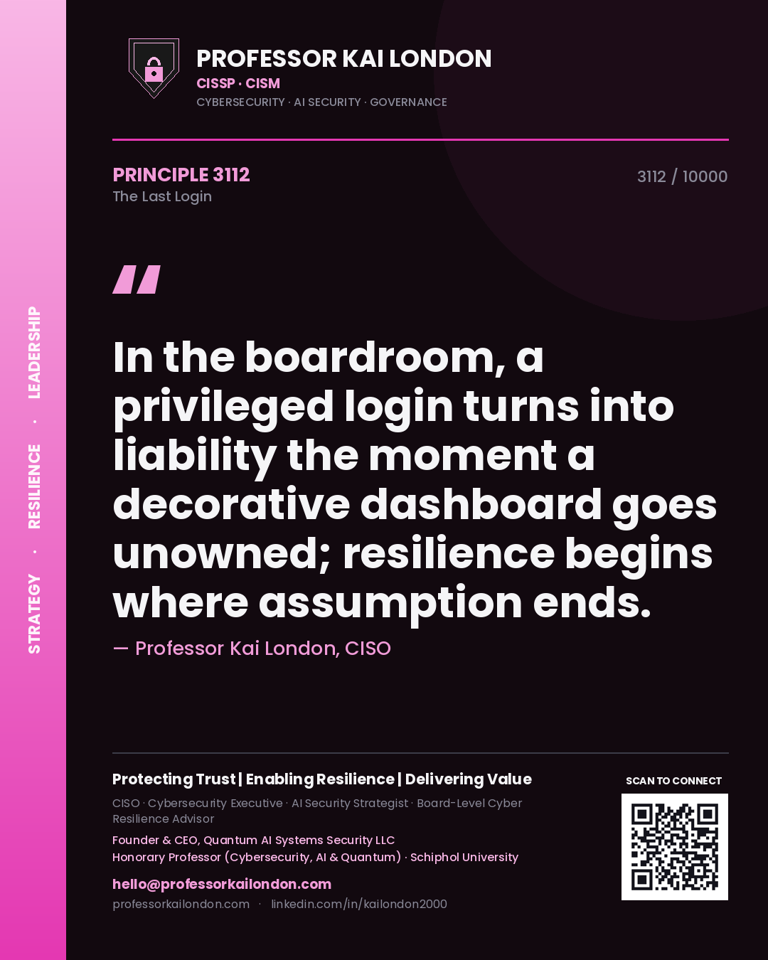 Professor Kai London principle 3112: In the boardroom, a privileged login turns into liability the moment a decorative dashboard goes unowned; resilience begins where assumption ends.