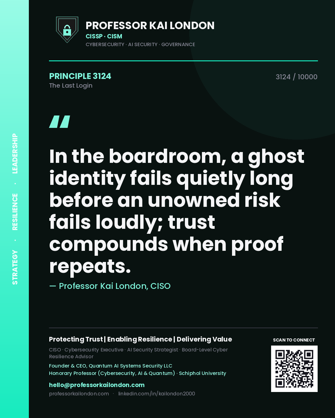 Professor Kai London principle 3124: In the boardroom, a ghost identity fails quietly long before an unowned risk fails loudly; trust compounds when proof repeats.