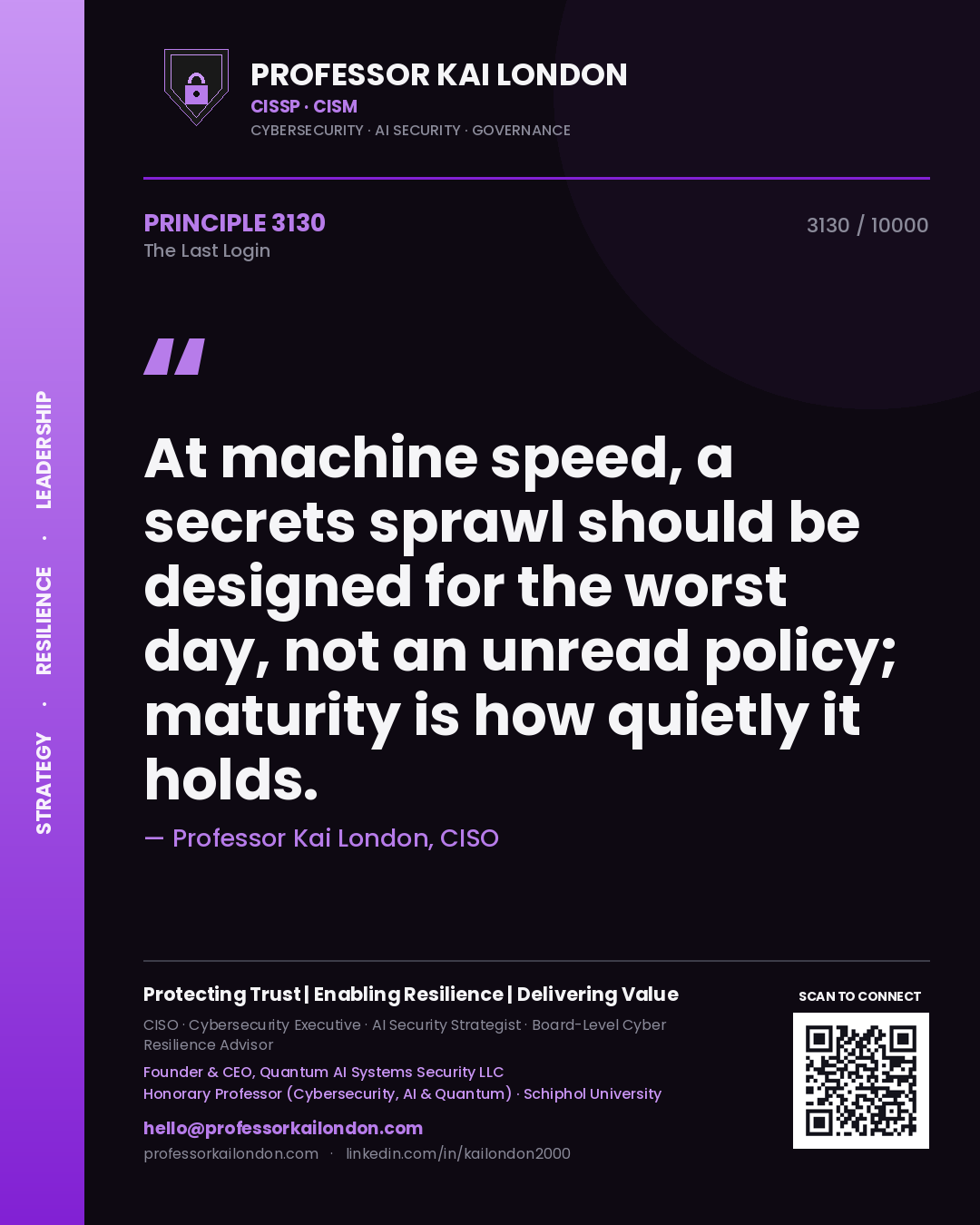 Professor Kai London principle 3130: At machine speed, a secrets sprawl should be designed for the worst day, not an unread policy; maturity is how quietly it holds.