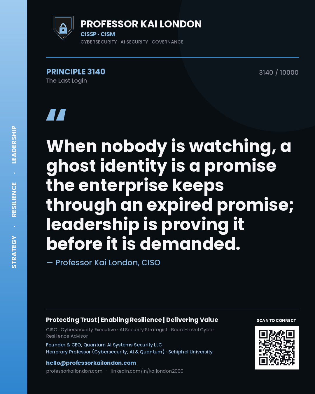 Professor Kai London principle 3140: When nobody is watching, a ghost identity is a promise the enterprise keeps through an expired promise; leadership is proving it before it is demanded.