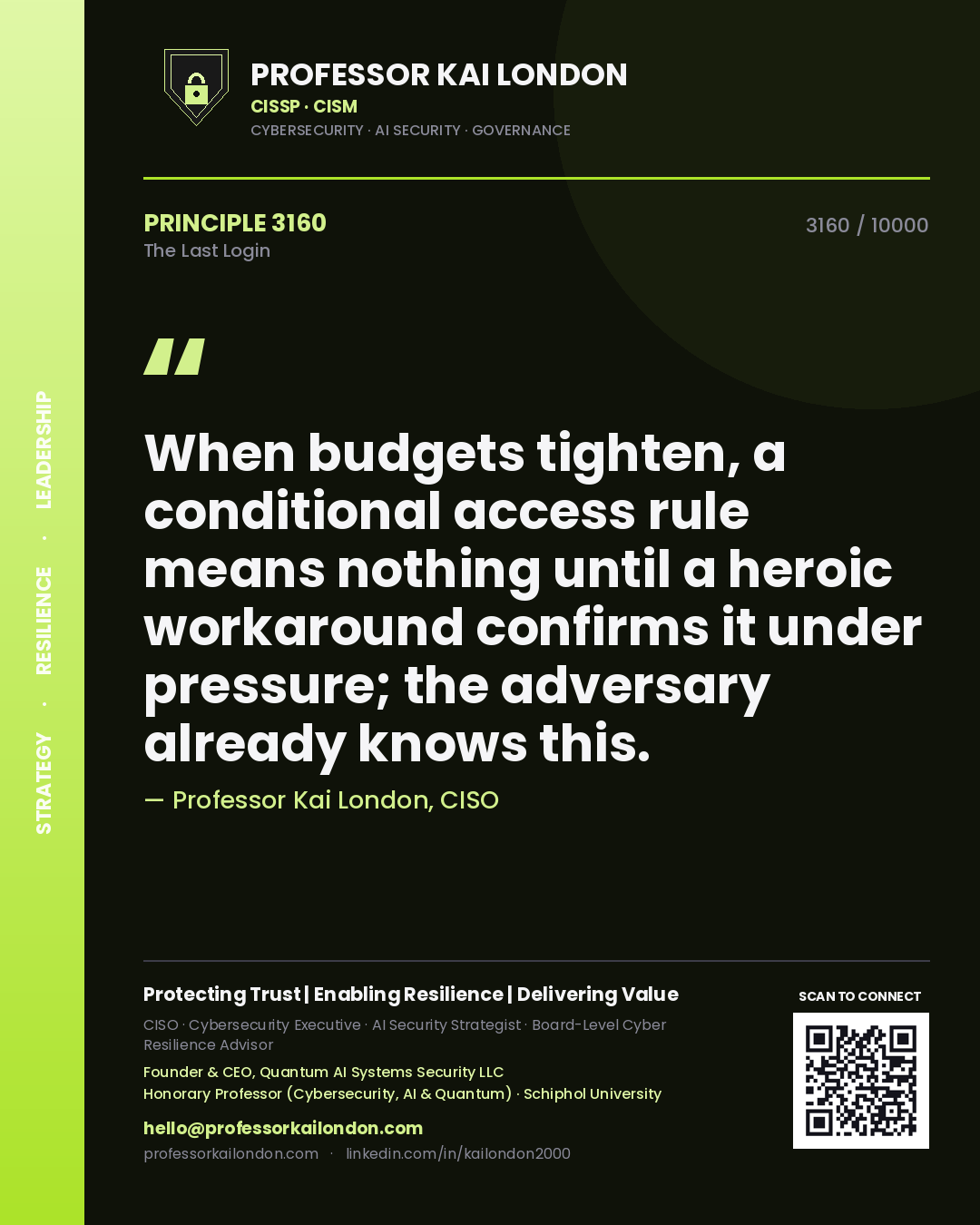 Professor Kai London principle 3160: When budgets tighten, a conditional access rule means nothing until a heroic workaround confirms it under pressure; the adversary already knows this.