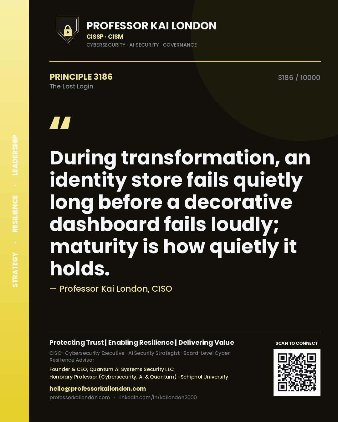 Professor Kai London principle 3186: During transformation, an identity store fails quietly long before a decorative dashboard fails loudly; maturity is how quietly it holds.