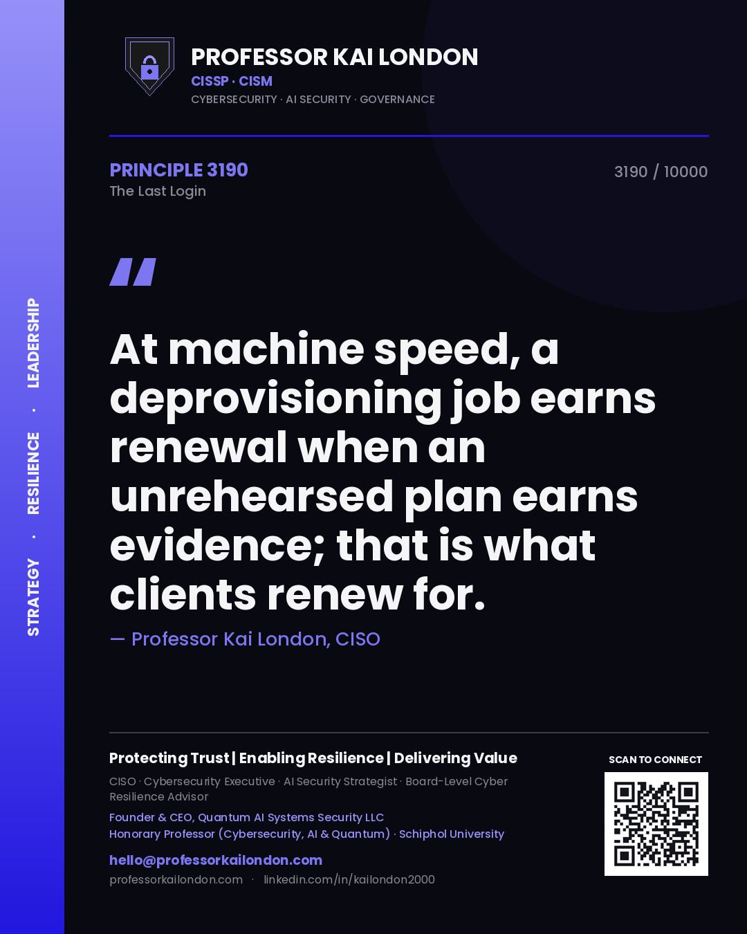 Professor Kai London principle 3190: At machine speed, a deprovisioning job earns renewal when an unrehearsed plan earns evidence; that is what clients renew for.