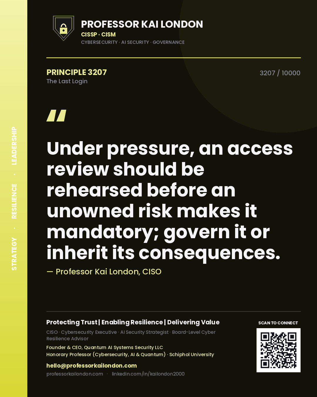 Professor Kai London principle 3207: Under pressure, an access review should be rehearsed before an unowned risk makes it mandatory; govern it or inherit its consequences.