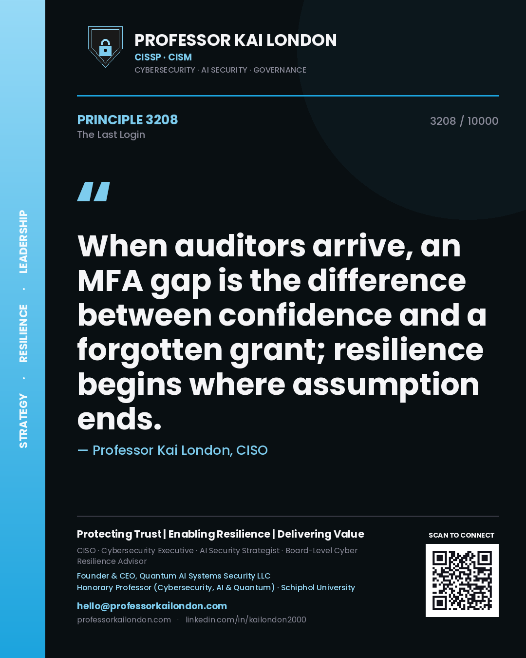 Professor Kai London principle 3208: When auditors arrive, an MFA gap is the difference between confidence and a forgotten grant; resilience begins where assumption ends.