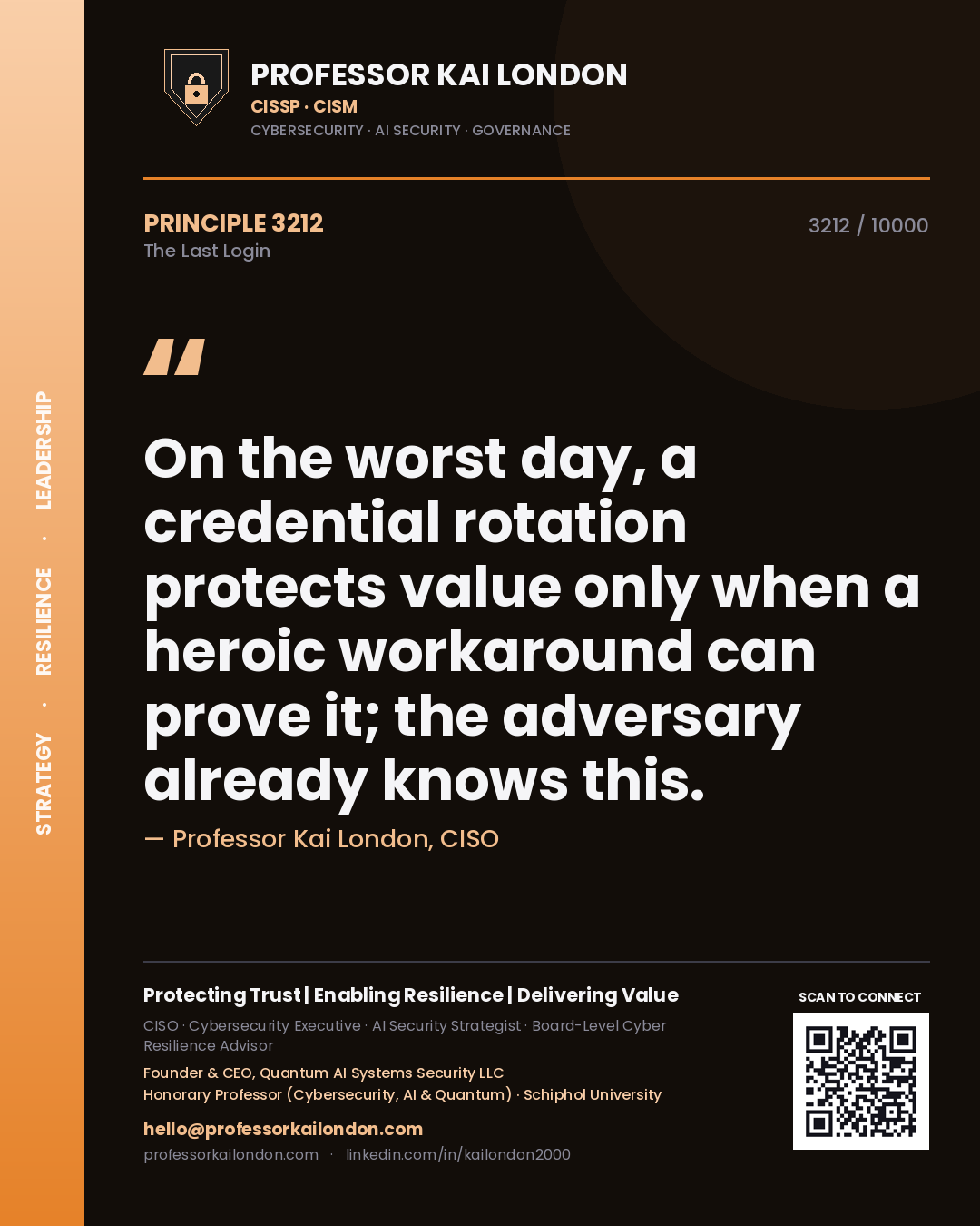 Professor Kai London principle 3212: On the worst day, a credential rotation protects value only when a heroic workaround can prove it; the adversary already knows this.