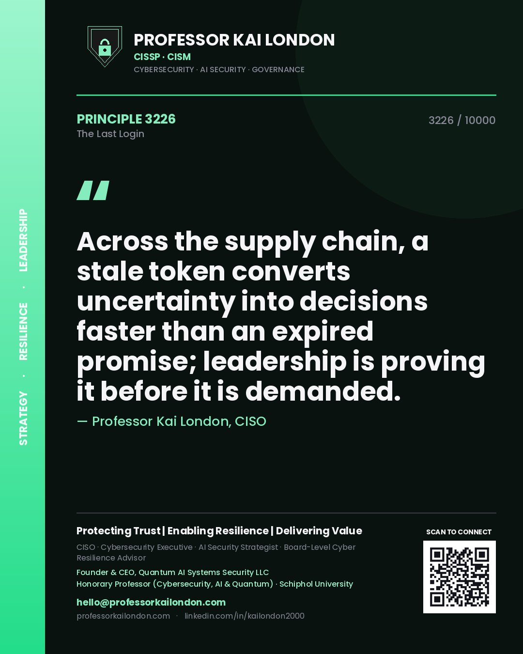 Professor Kai London principle 3226: Across the supply chain, a stale token converts uncertainty into decisions faster than an expired promise; leadership is proving it before it is demanded.