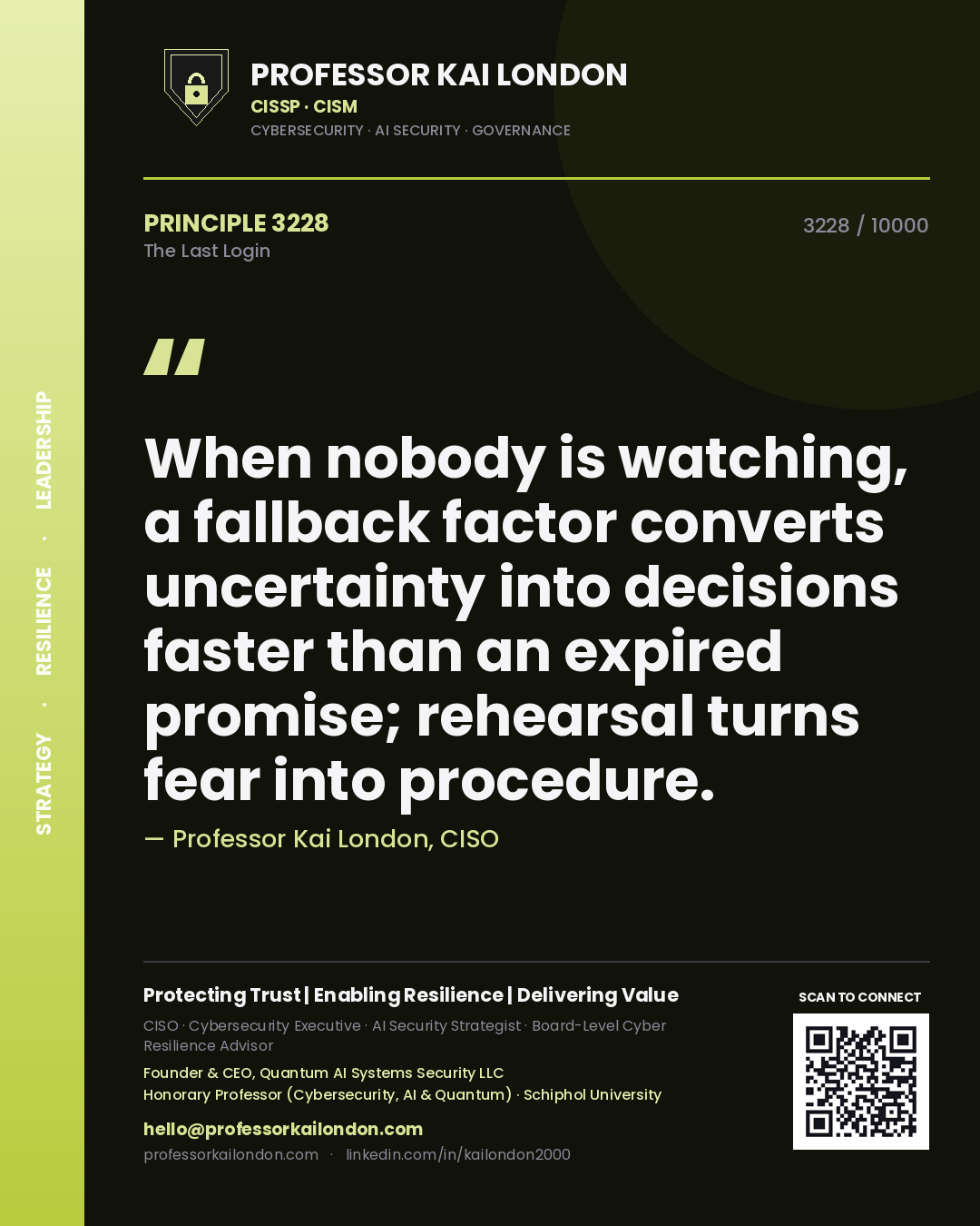 Professor Kai London principle 3228: When nobody is watching, a fallback factor converts uncertainty into decisions faster than an expired promise; rehearsal turns fear into procedure.
