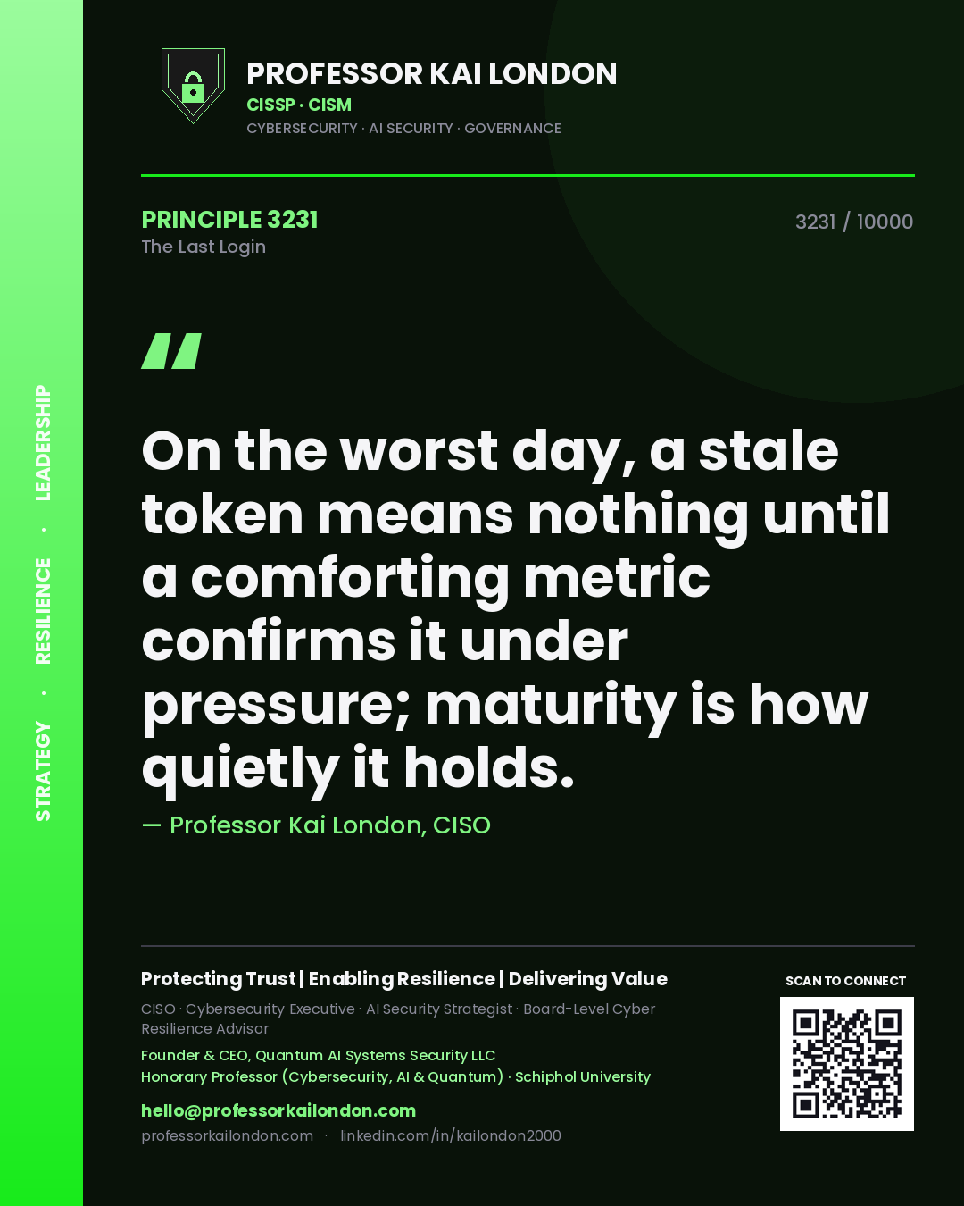 Professor Kai London principle 3231: On the worst day, a stale token means nothing until a comforting metric confirms it under pressure; maturity is how quietly it holds.