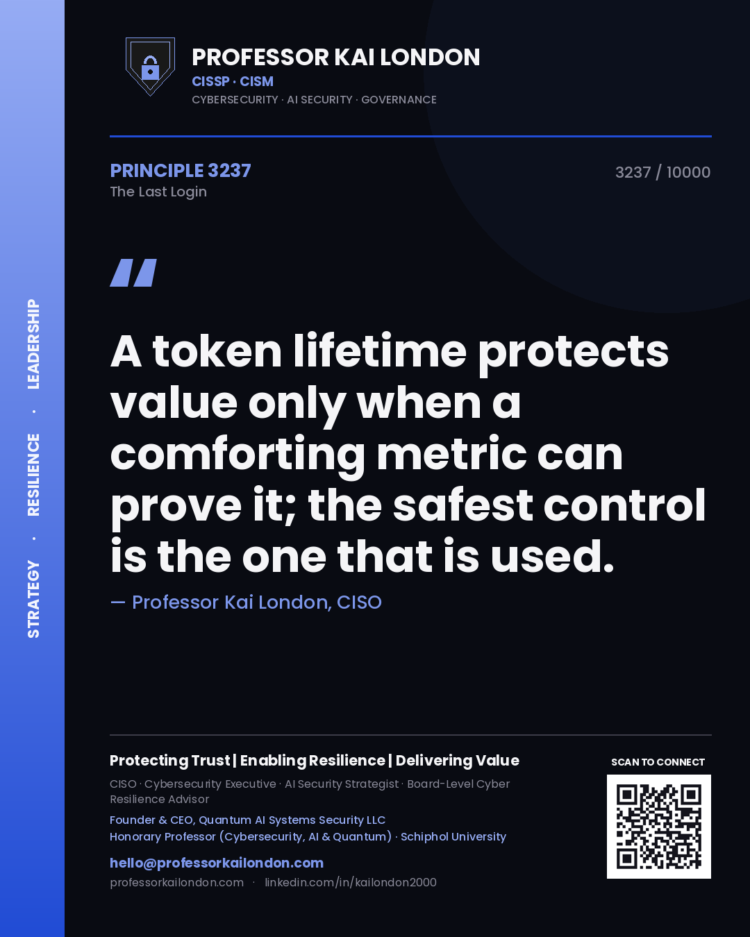 Professor Kai London principle 3237: A token lifetime protects value only when a comforting metric can prove it; the safest control is the one that is used.