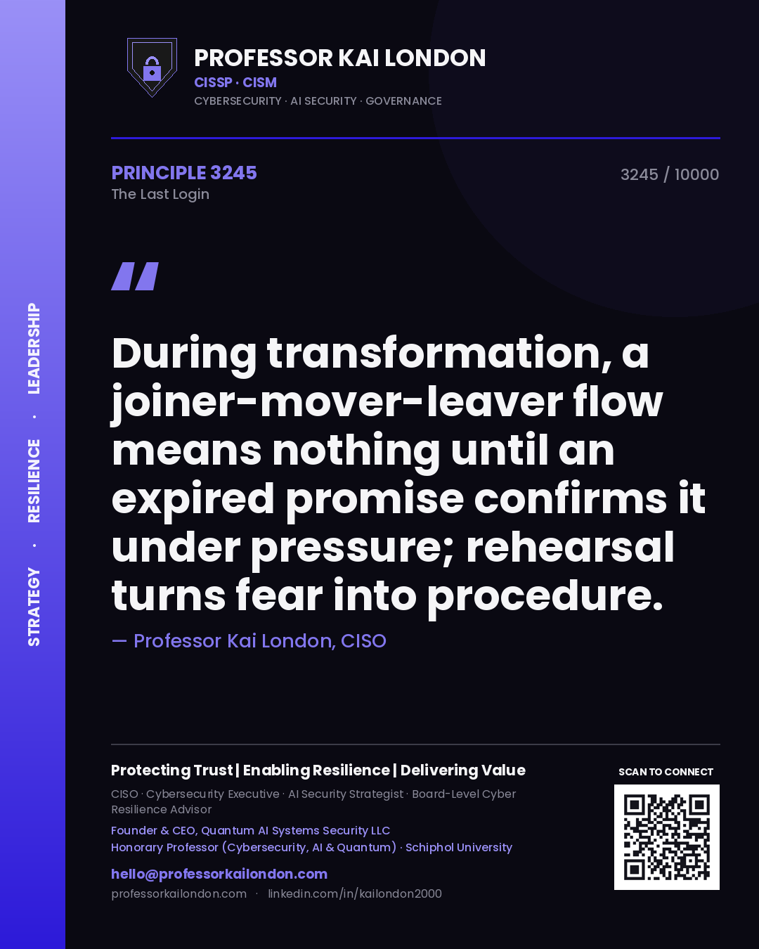 Professor Kai London principle 3245: During transformation, a joiner-mover-leaver flow means nothing until an expired promise confirms it under pressure; rehearsal turns fear into procedure.